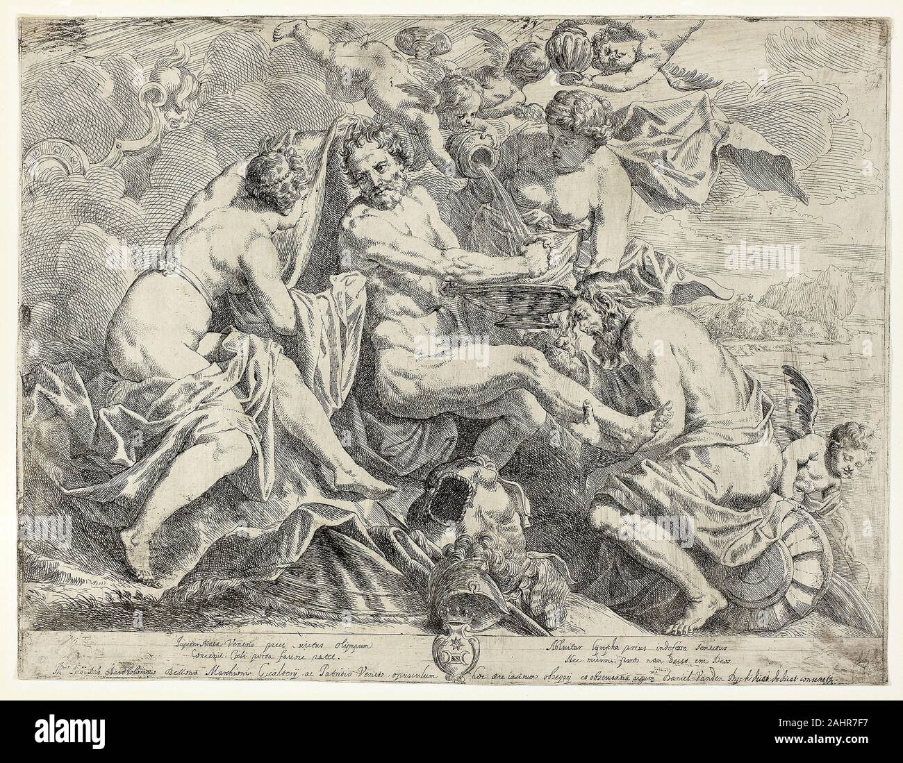 Daniel van den Dyck. The Deification of Aeneas by Nymphs and Cupids. 1640–1657. Flanders. Etching in black on ivory laid paper The hero of Virgil’s epic the Aeneid, Aeneas is associated with the foundation of Roman culture following the fall of Troy and an arduous journey to his destined homeland in Italy. In this print, Aeneas is prepared for deification; his armor has been removed, and nymphs and cupids perform a ritual cleansing of his body. Van den Dyck, an artist who emerged from the orbit of Peter Paul Rubens, realized this print during one of his many years in Italy. After settling firs Stock Photo