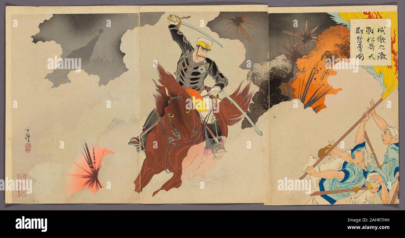 Migita Toshihide. Captain Matsuzaki Bravely Fights at the Great Battle of Songhwan (Seikan no Gekissen, Matsuzaki Taii funyu no zu). 1894. Japan. Color woodblock print; oban triptych Stock Photo