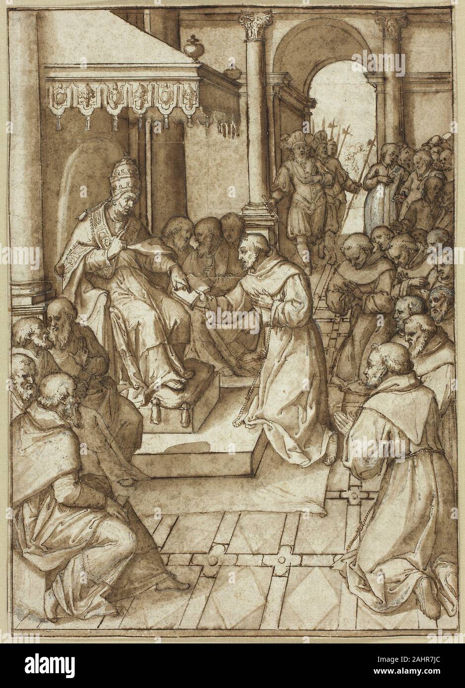 Livio Agresti. Approval of the Rules of the Franciscan Order by Pope Innocent III in 1209. 1528–1579. Italy. Pen and brown ink, with brush and brown wash, heightened with lead white gouache, over incising and black chalk, on cream laid paper Saint Francis kneels before Pope Innocent III as he sanctioned the establishment of the Franciscan order by his gesture. By the time of the Counter-Reformation, these were cornerstone traditions that reformers such as Cardinal Carlo Borromeo upheld in their reevaluation of the Roman Catholic faith after the Council of Trent. Stock Photo