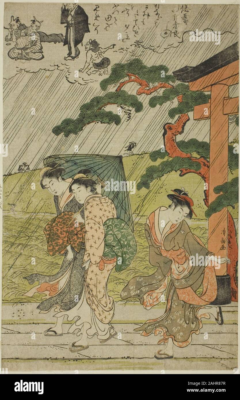 Torii Kiyonaga. Sudden Shower at Mimeguri Shrine. 1782–1792. Japan. Color woodblock print; right sheet of oban triptych Stock Photo