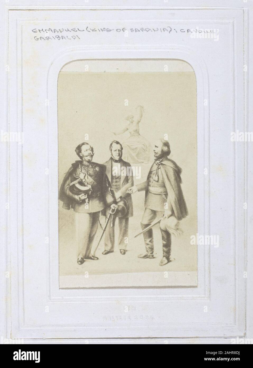 Unknown. Victor Emmanuel II King of Sardinia, Giuseppe Garibaldi and Camillo Benso, Count of Cavour. 1860–1869. Albumen print Stock Photo