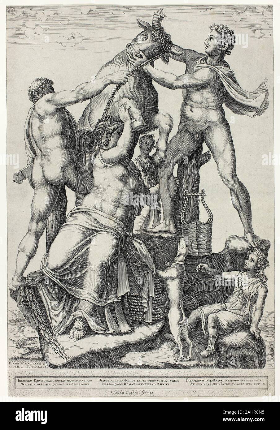 Diana Scultori. The Farnese Bull with Dirce, Zethus and Amphion. 1581. Italy. Engraving in black on ivory laid paper Stock Photo