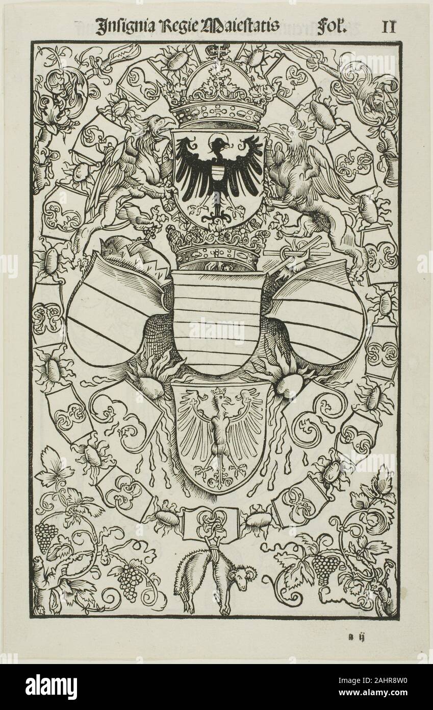 Albrecht Dürer. Coat of Arms of Maximilian I as King of the Romans. 1517. Germany. Woodcut in black on ivory laid paper This double-sided book illustration presents the heraldry of the soon-to-be Holy Roman Emperor Maximilian, Albrecht Dürer’s patron. The chain of stylized flints and firebrands with a dangling sheepskin denotes the Emperor’s membership in the exceedingly prestigious Order of the Golden Fleece, while the central eagles and griffins refer to his various territories. The shield of the author Florian Waldauff appears on the verso, in a woodcut also not by Dürer. Evidently the rect Stock Photo