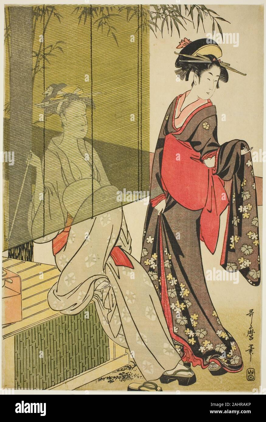 Kitagawa Utamaro. Drying and stretching cloth. 1753–1806. Japan. Color woodblock print, oban, left sheet of a triptych Stock Photo