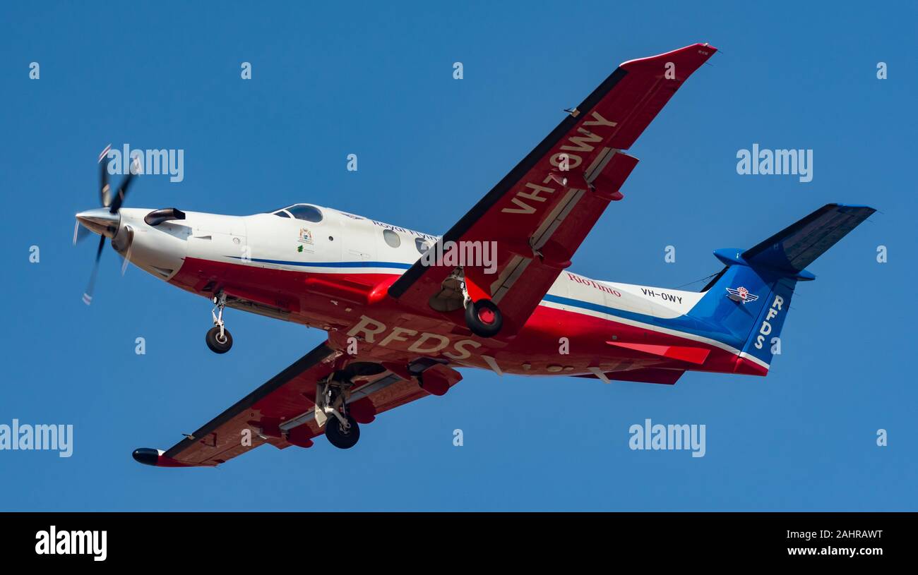 Pilatus PC-12 of the Royal Flying Doctor Service on approach to Broome ...