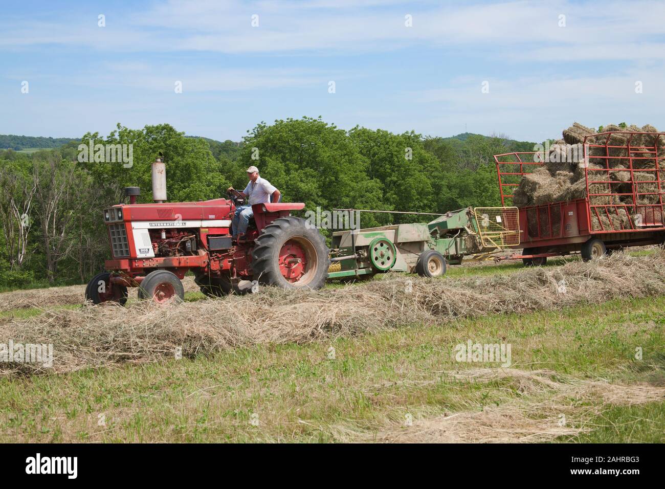 Man on International Harvester Farmall tractor, baling hay in a field