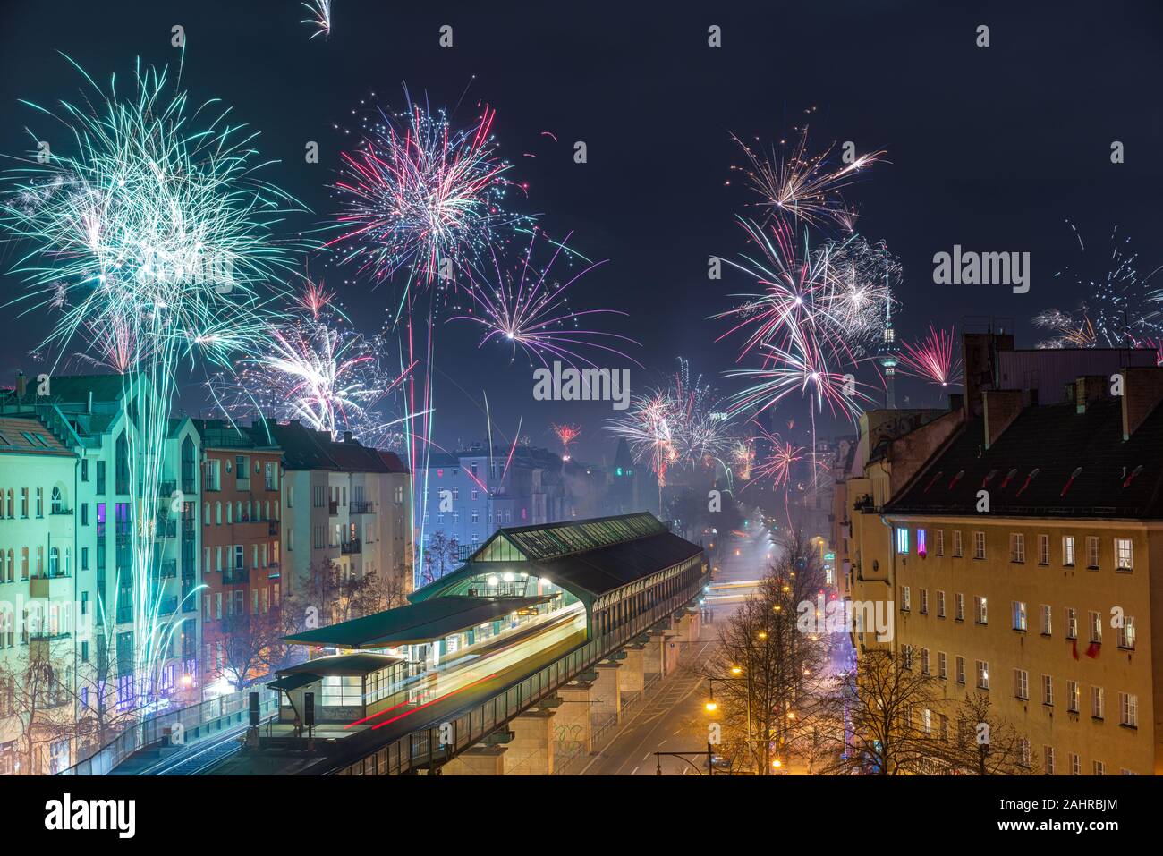 Display of Fireworks in Berlin Mitte on New Year's Eve 2019/20 Stock Photo