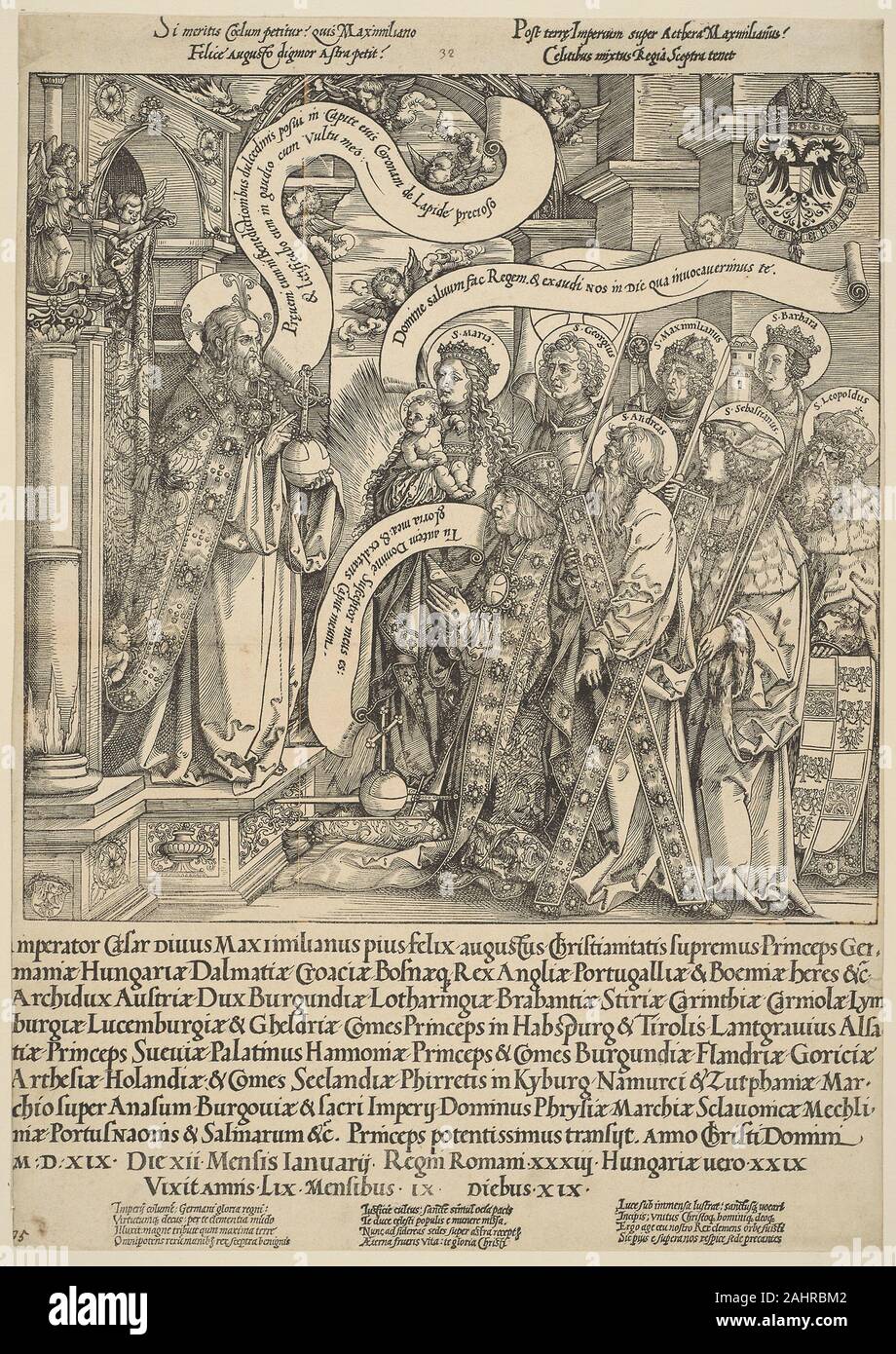 Hans Springinklee. The Emperor Maximilian Presented to Christ by His Patron Saints. 1519. Germany. Woodcut in black on cream laid paper with xylographic text This memorial woodcut celebrates the Holy Roman Emperor Maximilian’s passage into eternal life. He appears kneeling in front of Christ, hoping his resplendent throng of Habsburg family saints will help him enter heaven. The Virgin and Child are present, as are Saints Andrew, Barbara, George, Leopold, Maximilian, and Sebastian, each bearing their attributes. The Latin text below the woodcut lists the emperor’s many titles and territories a Stock Photo