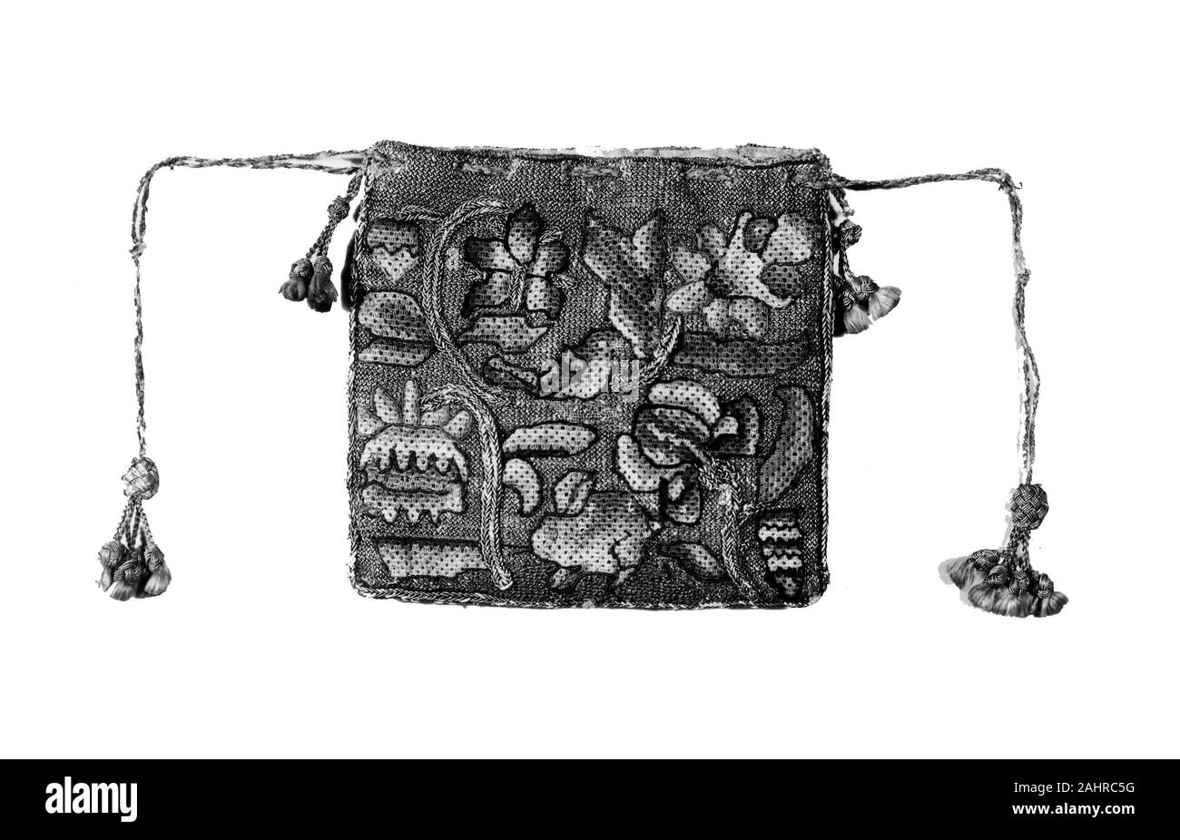 Bag Needlework 1601 1625 England Linen Plain Weave Embroidered In Silk Threads And Silver Gilt Strips Wound Around A Silk Fibre Core In Rococo And Plait Thread Counted Stitches Couching Plaited Braid And Woven