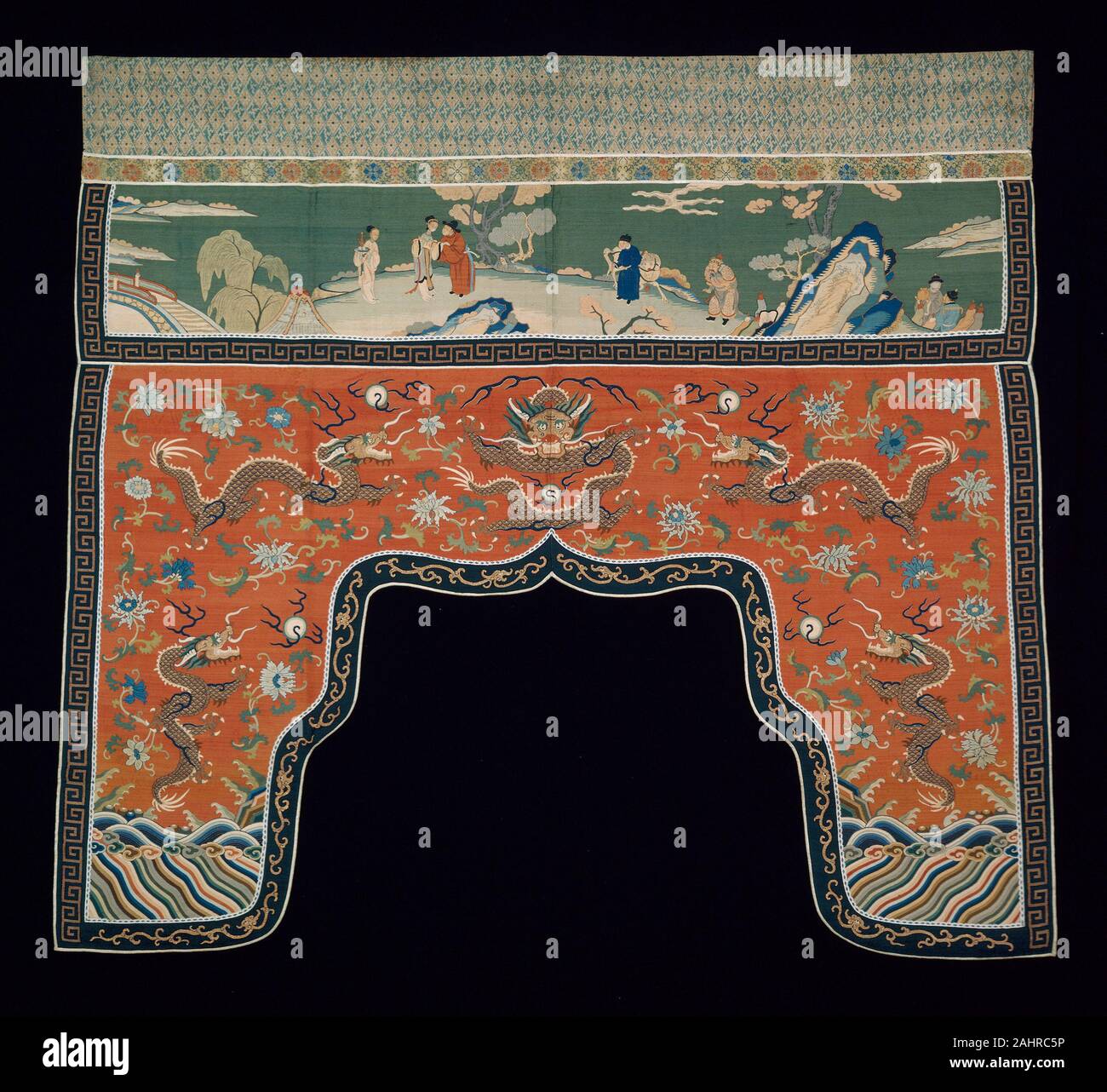 Valance. 1799. China. Top cotton, plain weave; block printed; narrow band silk, warp-float faced 5 1 satin weave with weft-float faced 1 2 'S' twill interlacings of secondary binding warps and supplementary patterning wefts; upper and lower panels silk and gold-leaf-over-lacquered-paper-strip-wrapped silk, slit tapestry weave with interlaced outlining wefts; painted details; outer bands silk and gold-leaf-over-lacquered-paper-strip-wrapped silk, dovetailed tapestry weave; ribbon silk, plain weave with supplementary patterning warps; outer edging silk, warp-float faced 4 1 satin weave; lined wi Stock Photo