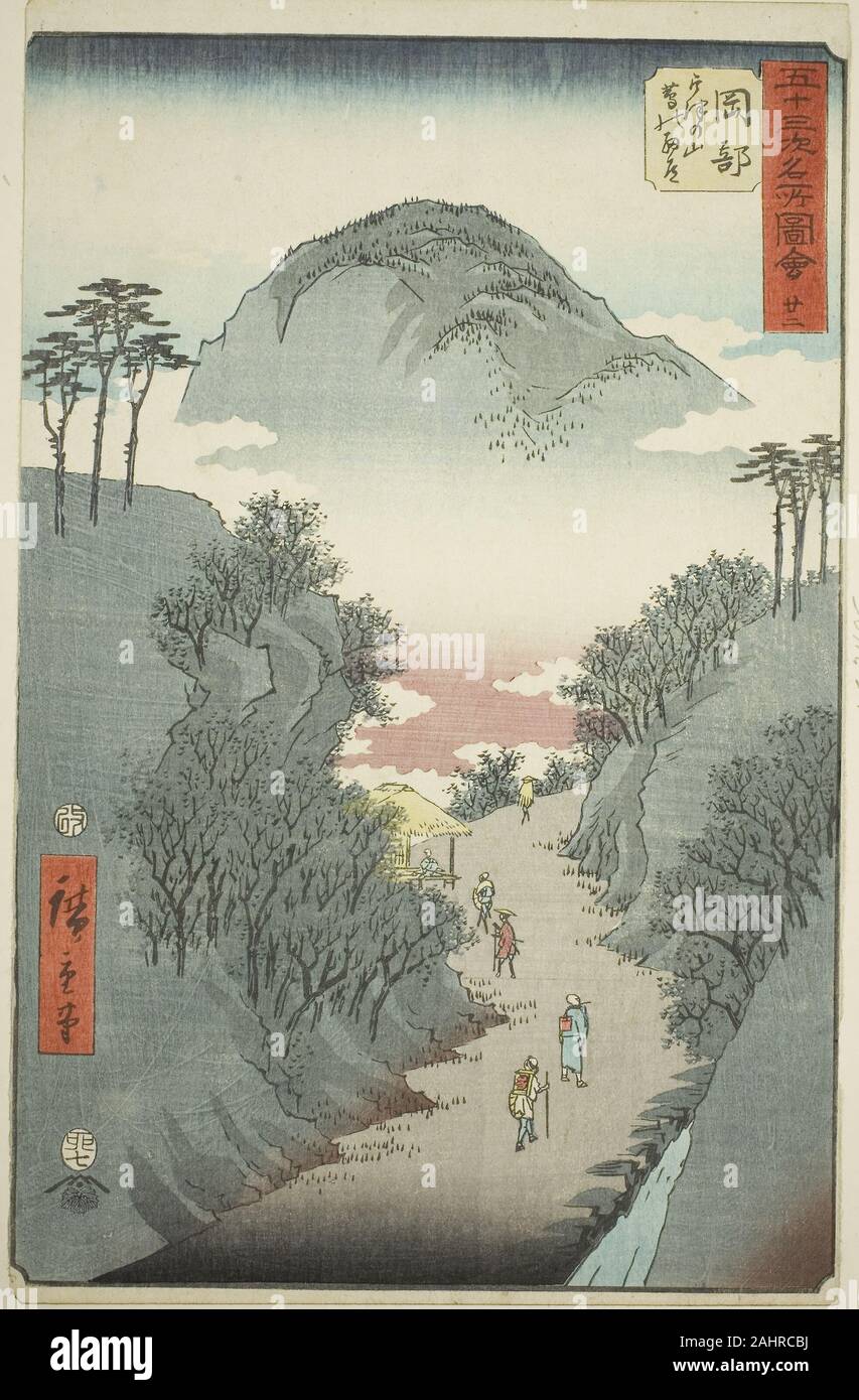 Utagawa Hiroshige. Okabe Narrow Ivy-covered Road at Mount Utsu (Okabe, Utsu no yama tsuta no hosomichi), no. 22 from the series Famous Sights of the Fifty-three Stations (Gojusan tsugi meisho zue), also known as the Vertical Tokaido. 1855. Japan. Color woodblock print; oban Stock Photo