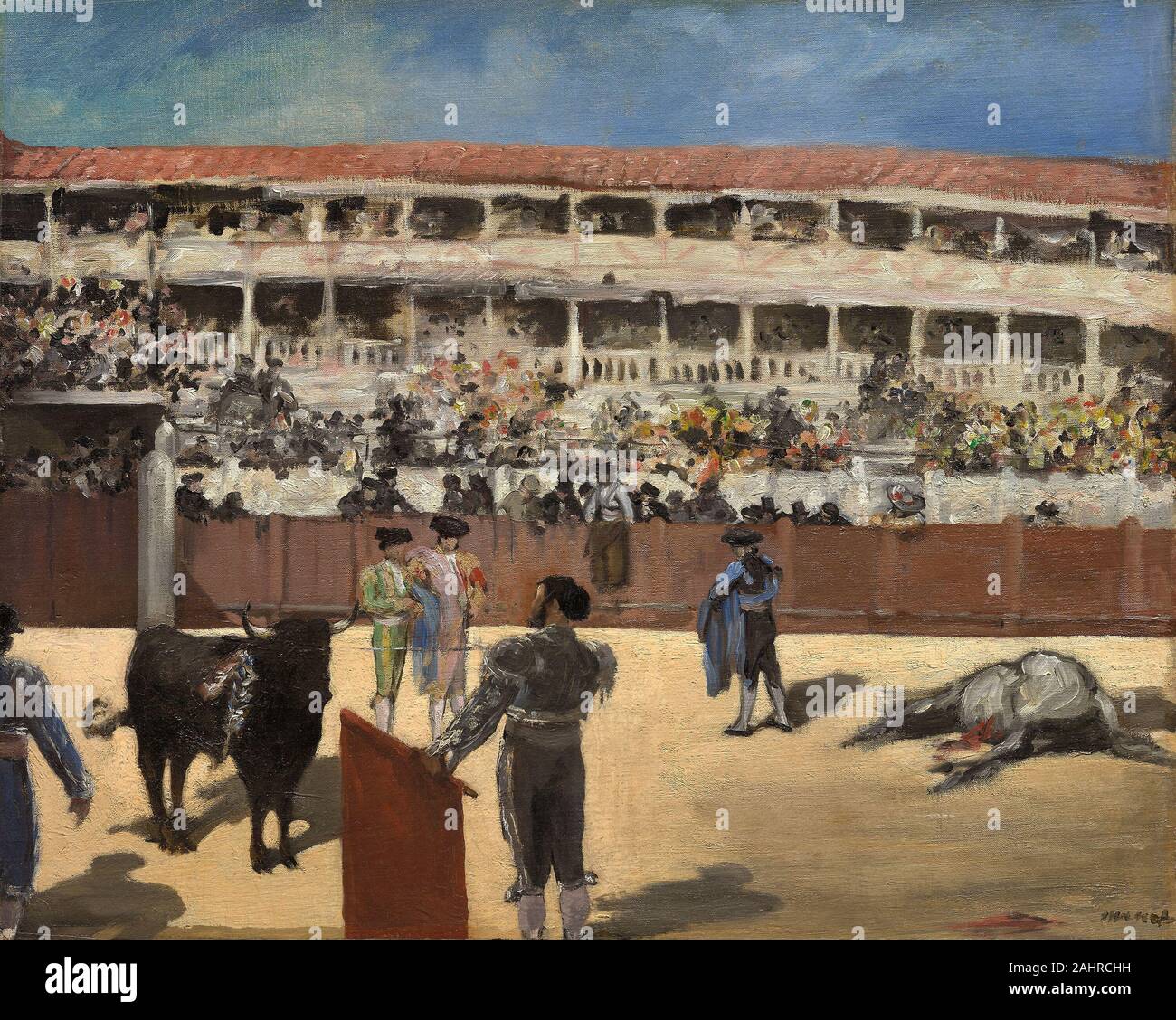 Édouard Manet. Bullfight. 1865–1866. France. Oil on canvas Édouard Manet’s trip to Spain in the fall of 1865 lasted only about 10 days, though it had a profound impact on him. In a letter to his friend the poet Charles Baudelaire, he described a bullfight he attended in Madrid as “one of the finest, most curious and most terrifying sights to be seen.” He made quick sketches there that informed several later canvases, including this one. Here he presented the moment of truth, as bullfighter and bull face one another; a gored horse lies dead or dying on the sand. Stock Photo