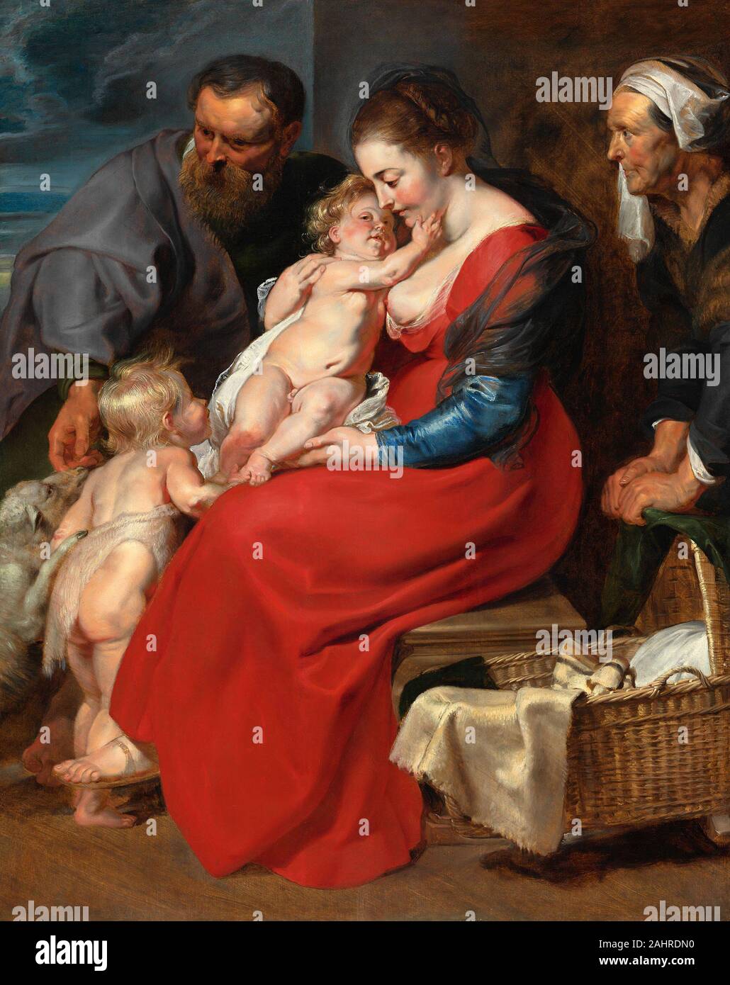 Peter Paul Rubens. The Holy Family with Saints Elizabeth and John the Baptist. 1610–1620. Flanders. Oil on panel This painting of the Holy Family is one of several completed in the decade after Peter Paul Rubens returned to his native Antwerp, following an eight-year stay in Italy. Fully immersed in Italian art, the prodigiously productive artist had acquired such facility in handling brush, color, ?gures, and drapery and in arranging large-scale compositions that he was unrivaled north of the Alps. Here he displayed these skills not only by bringing a sacred subject to life but also by bringi Stock Photo
