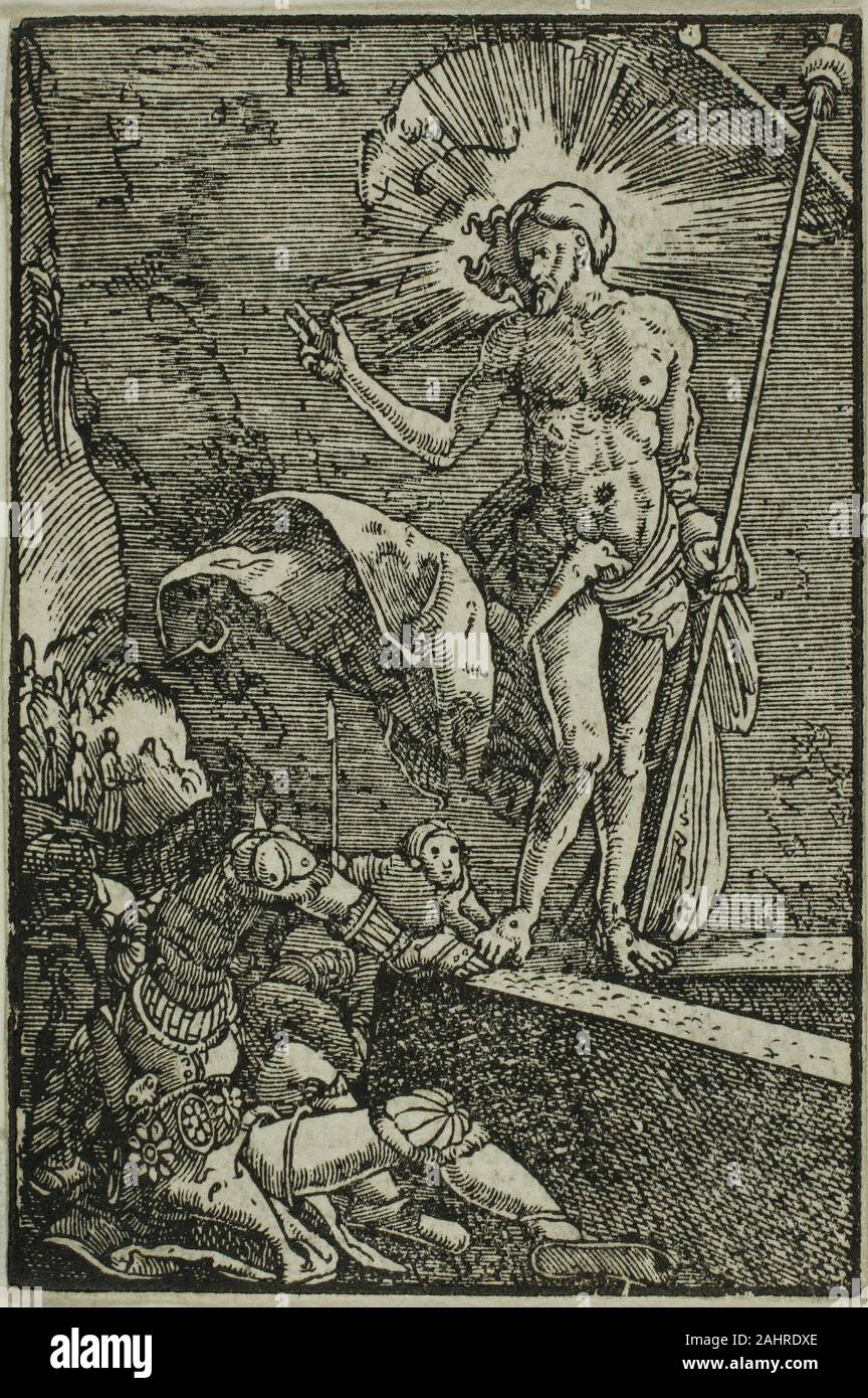 Albrecht Altdorfer. The Resurrection, from The Fall and Redemption of Man. 1510–1518. Germany. Woodcut in black on ivory laid paper Albrecht Altdorfer, known as one of the Little Masters (in German, Kleinmeister) along with Georg Pencz and the brothers Barthel and Sebald Beham, excelled at creating prints on a minute scale, whether in intaglio or relief. This woodcuts is part of a series entitled The Fall and Redemption of Man contrasting the expulsion of Adam and Eve from paradise with Christ’s Passion narrative. Connoisseurs would have collected these diminutive prints as an entire cycle and Stock Photo