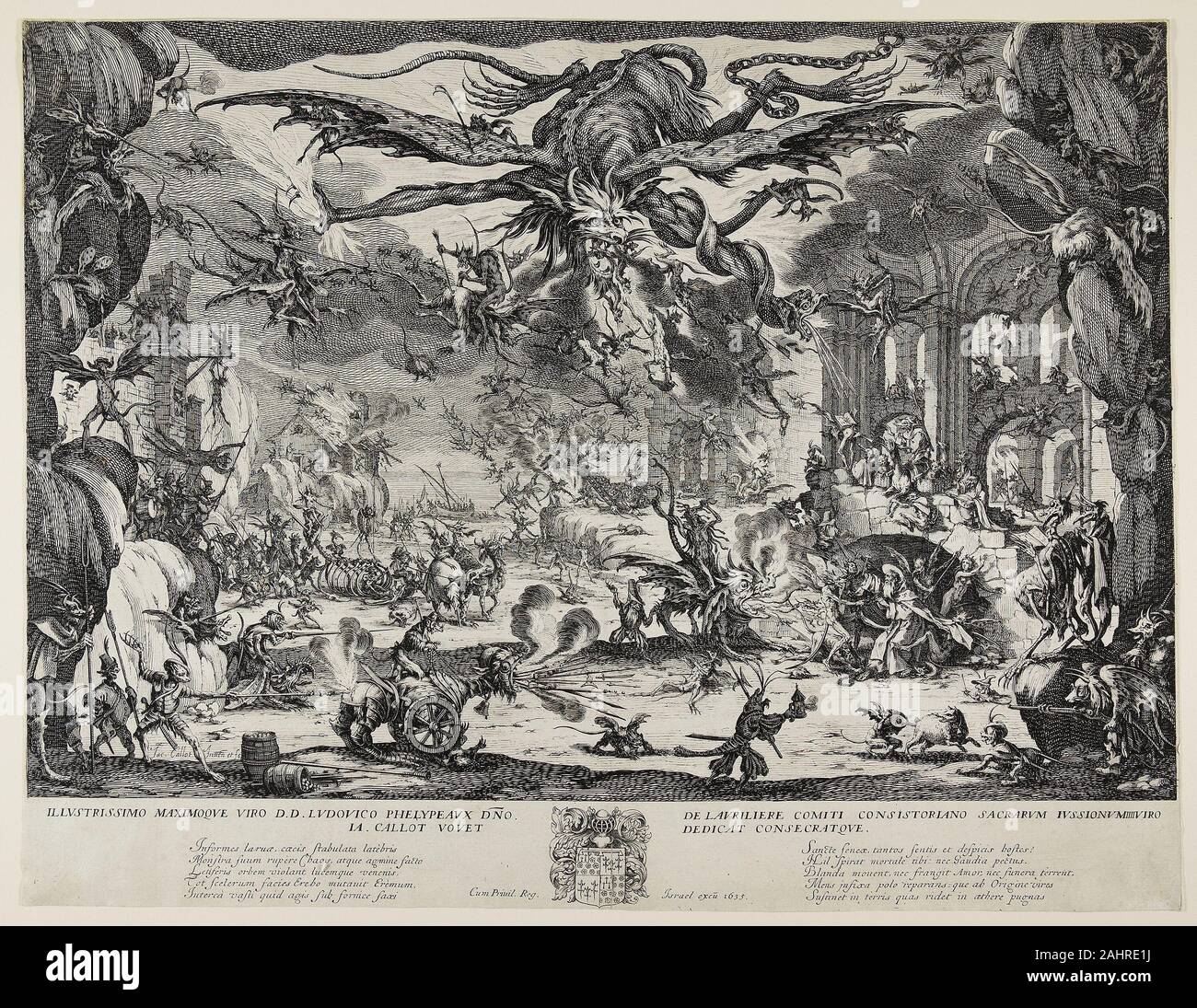 Jacques Callot. The Temptation of Saint Anthony. 1635. France. Etching in black on ivory laid paper Jacques Callot studied painting in his native Lorraine before going to Italy. He worked first in Rome, and was later appointed to the Florentine court, where he made prints of their festivals and theatrical productions. He returned to Nancy in 1621, renowned as a printmaker of innovative technique. His oeuvre consists of more than 1,400 prints. Callot returned to this ambitious, cataclysmic subject, which he had treated in 1617, just before his death. It may reflect his horror at the plague that Stock Photo