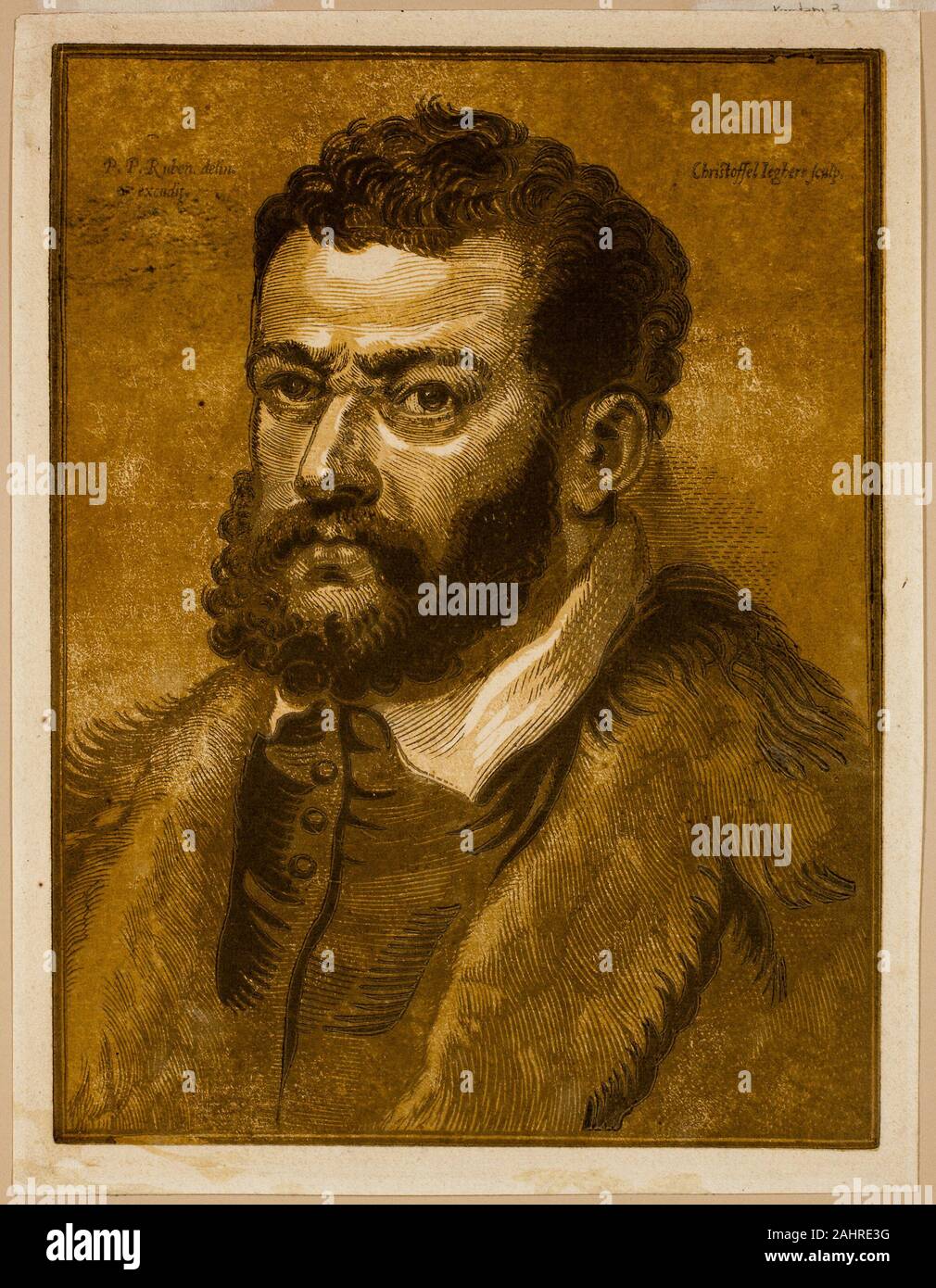 Christoffel Jegher. Portrait of Doge Giovanni Cornaro. 1632–1636. Flanders. Chiaroscuro woodcut in beige, ochre, and two tones of brown on cream laid paper Christoffel Jegher’s large-scale woodcut prints after Peter Paul Rubens’s compositions usually appear in black and white. This small, multi-colored portrait may be a reaction to Hendrick Goltzius’ famed chiaroscuros from around 1600. The light and shade of Jegher’s four blocks create depth, and may also mimic the coloristic effects of the Titian painting Rubens is thought to have used as a model for his drawing. Stock Photo