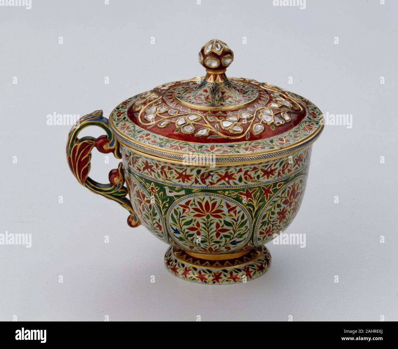 Wine Cup with Cover. 1701–1900. India. Gold and diamonds inset in the kundan technique, with polychrome enamel (minakari) Stock Photo