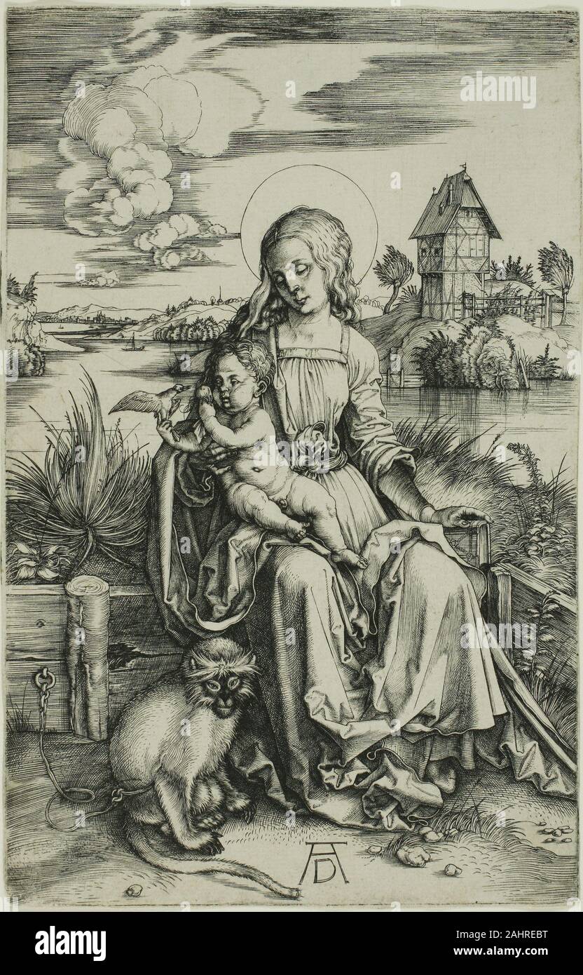 Albrecht Dürer. Madonna with the Monkey. 1493–1503. Germany. Engraving in black on ivory laid paper Albrecht Dürer’s touchingly delicate landscape engraving of the Madonna with the Christ Child in her arms and a domesticated monkey has been the subject of many subsequent interpretations. One of the earliest, broadly rethought by the Master M. Z., is also on display nearby, while the background reappears in another Art Institute work, Giulio Campagnola’s Ganymede. In contrast, Agostino Veneziano in Italy and the Wierix brothers in the Netherlands would try their hand at reproducing the composit Stock Photo
