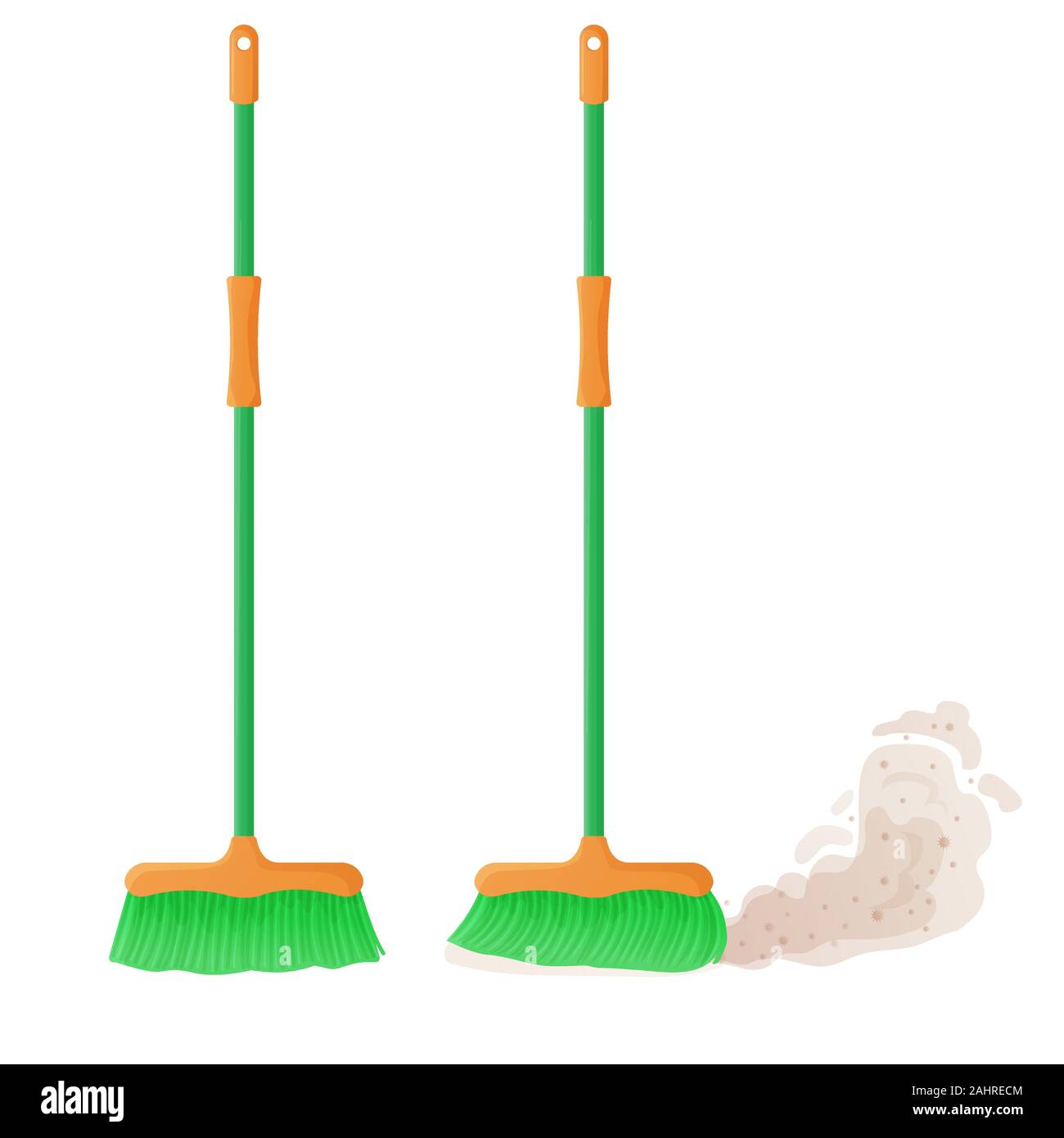 Cartoon plastic broom set. A broom sweeps dust and dirt. Housework, cleaning services, household, concept. Equipment, tools for cleaning element Stock Vector