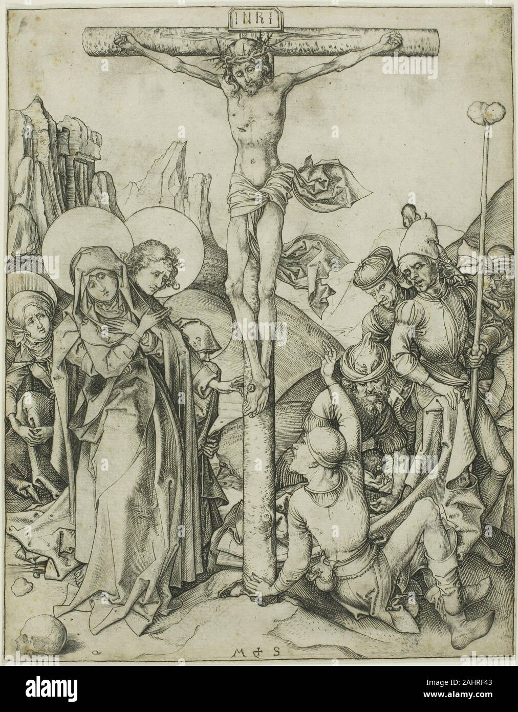 Martin Schongauer. The Crucifixion with the Holy Women, St. John and Roman Soldiers. 1450–1491. Germany. Engraving on paper Stock Photo