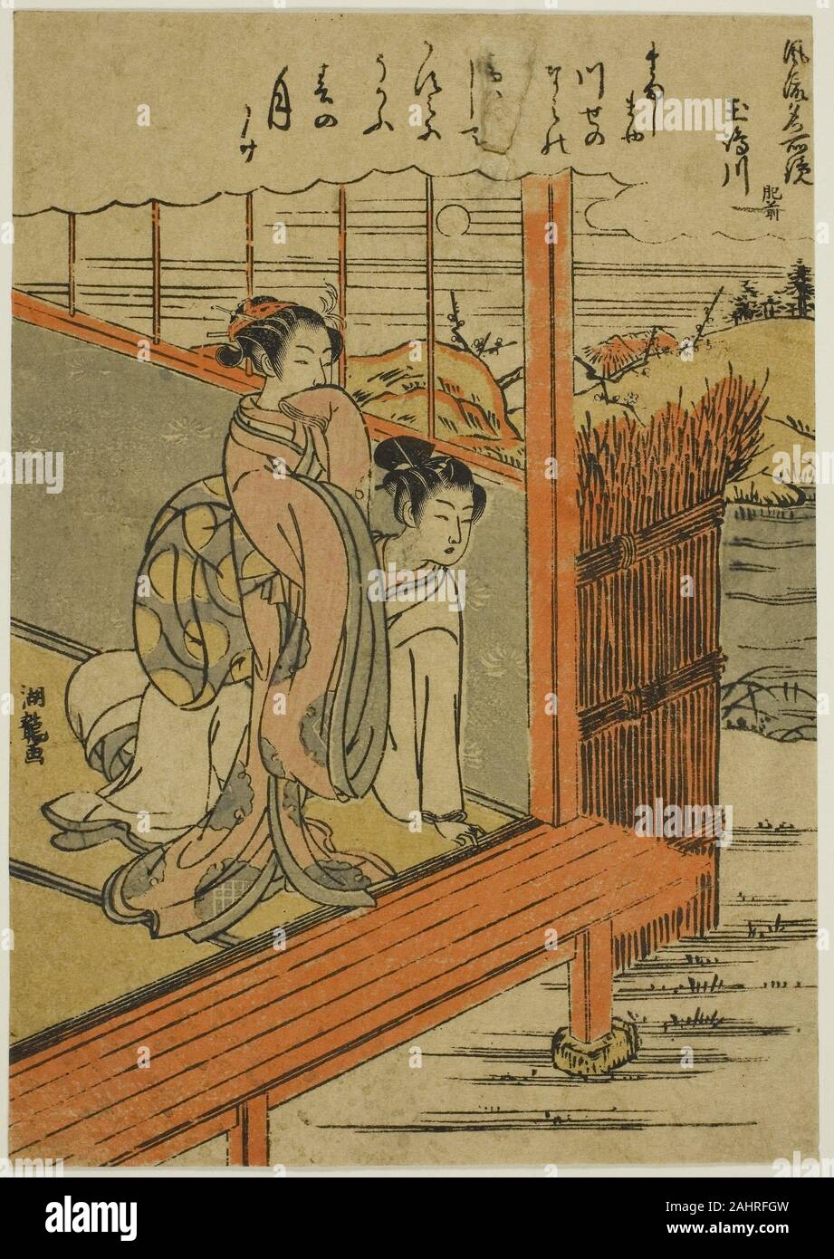 Isoda Koryusai. Tamashima River in Hizen Province (Tamashimagawa, Hizen), from the series Fashionable Mirrors of Famous Places (Furyu meisho kagami). 1765–1777. Japan. Color woodblock print; koban Stock Photo
