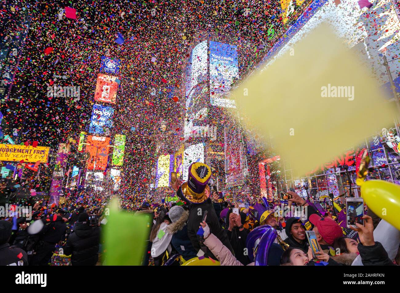 New York, United States. 01st Jan, 2020. Confetti falls after midnight