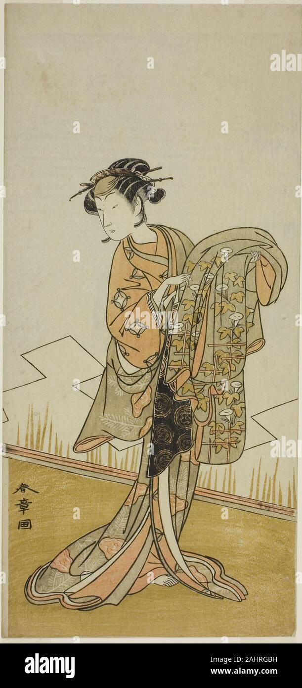 Katsukawa Shunsho. The Actor Nakamura Riko I as the Courtesan Wakamatsu ( ) in the Play Gohiiki Kanjincho ( ), Performed at the Nakamura Theater ( ) in the Eleventh Month, 1773 ( ). 1768–1778. Japan. Color woodblock print; hosoban Stock Photo