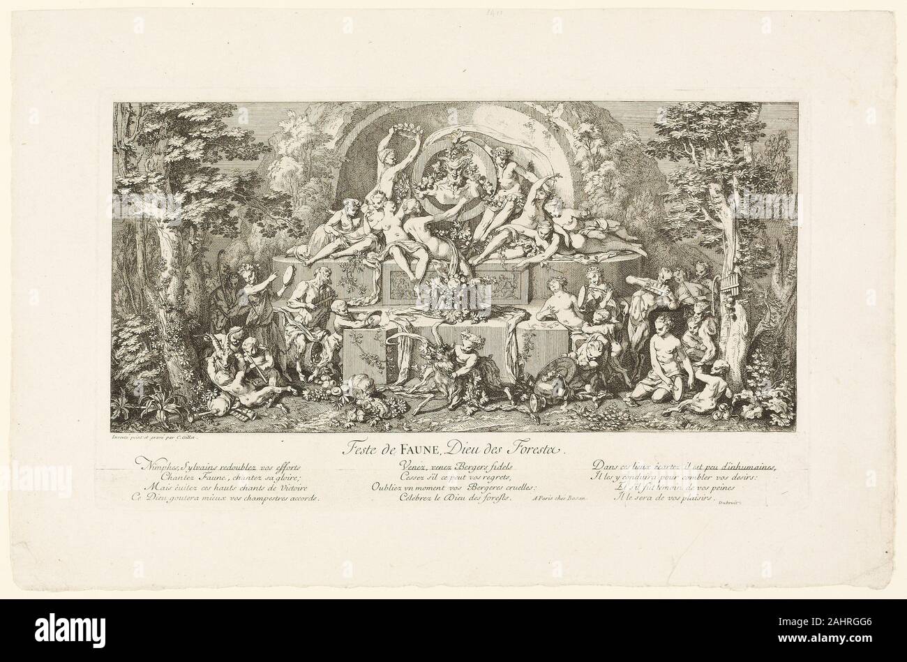 Claude Gillot. Feste de Faune. 1693–1722. France. Etching on paper Claude Gillot’s four-etching series of riotous woodland bacchanals celebrates Bacchus, Pan, fauns, and the nymph Diana (see 1969.279–80 and 1969.282). As stylistic precursors to the French Rococo with a deep interest in theater, Gillot’s prints are satirical and revolve around ancient sculpture. Stock Photo