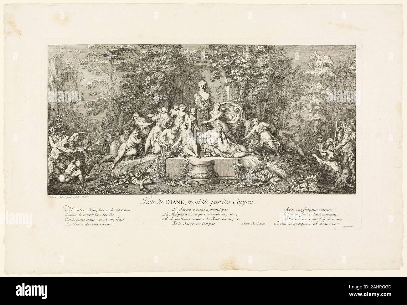 Claude Gillot. Feste de Diane. 1693–1722. France. Etching on paper Claude Gillot’s four-etching series of riotous woodland bacchanals celebrates Bacchus, Pan, fauns, and the nymph Diana (see 1969.280–82). As stylistic precursors to the French Rococo with a deep interest in theater, Gillot’s prints are satirical and revolve around ancient sculpture. Stock Photo