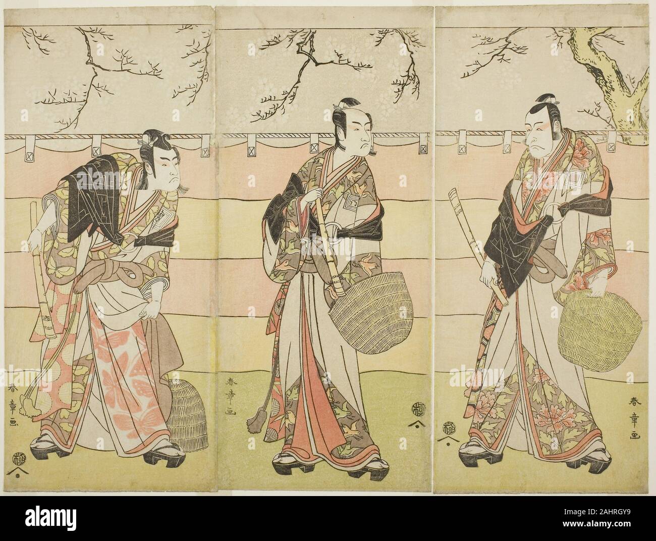 Katsukawa Shunsho. Three Komuso Monks The Actors Ichikawa Ebizo (Danjuro V) as Kudo Suketsune (right), Ichikawa Monnosuke II as Soga no Juro Sukenari (center), and Ichikawa Omezo I as Soga no Goro Tokimune (left), in Act Six of the Play Waka Murasaki Edokko Soga (Pale Purple Soga, Edo Style), Performed at the Ichimura Theater from the Twenty-third Day of the First Month, 1792. 1787–1797. Japan. Color woodblock print; hosoban; triptych Stock Photo