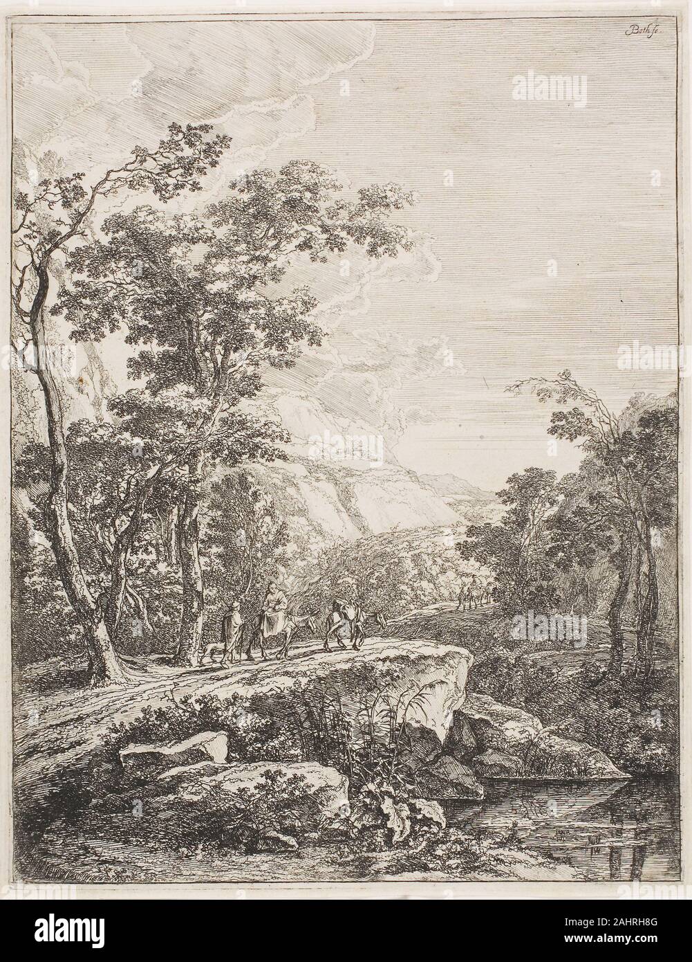 Jan Both. Upright Italian Landscapes Woman on a Mule. 1638–1652. Holland. Etching on paper Sons of a glass painter, Jan and Andries Both studied for a time with the Utrecht painter Abraham Bloemaert, and went to Rome after 1635. Whereas Andries specialized in peasant and lowlife scenes, Jan favored Italianate landscapes in the tradition of Claude Lorrain. When his brother drowned in a Venetian canal in 1641, Jan returned to Utrecht. Stock Photo