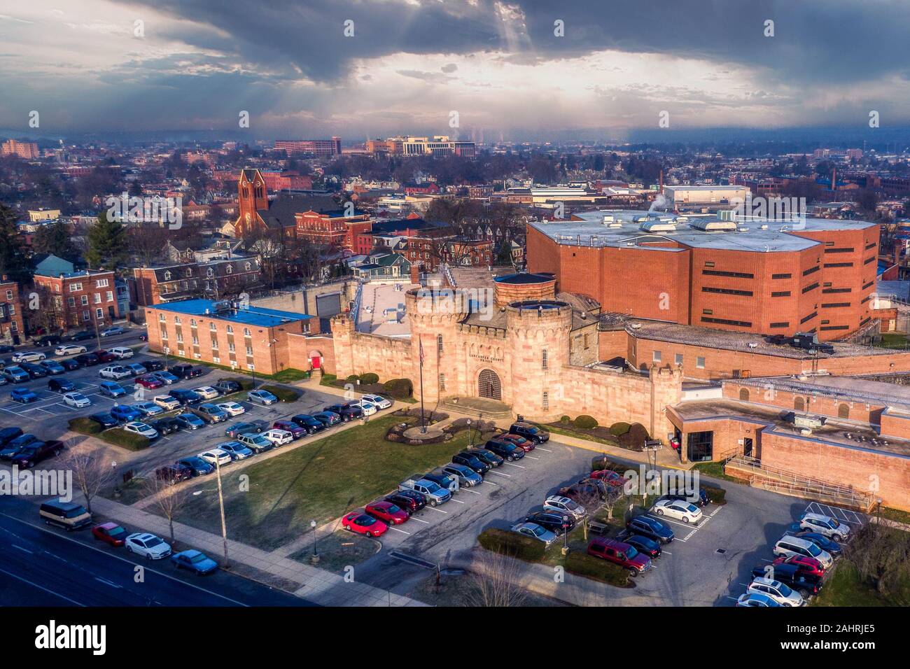Correction facility aerial revealing shot, Lancaster County Jail in Pennsylvania, aerial view Stock Photo