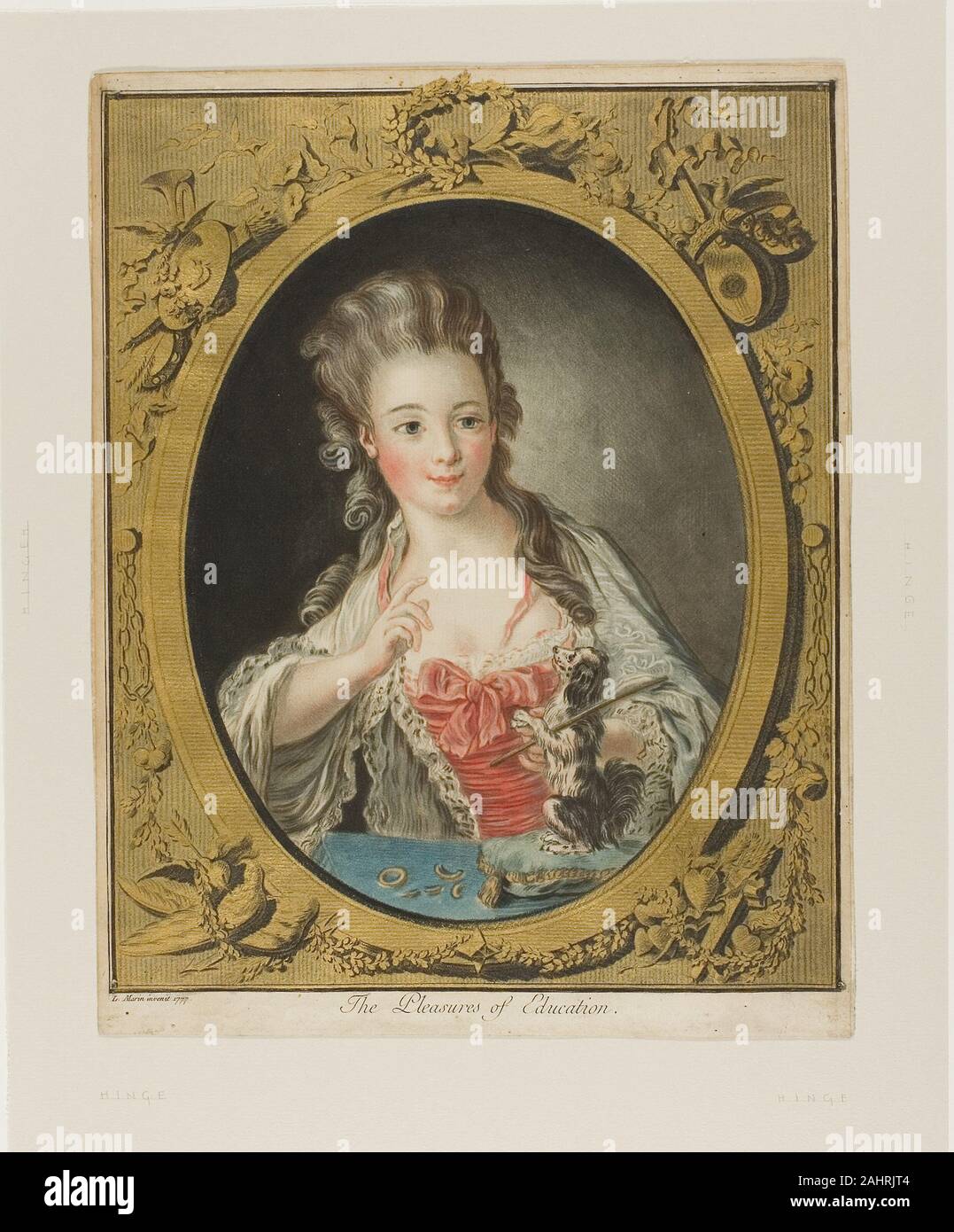 Louis-Marin Bonnet. The Pleasures of Education. 1777. France. Pastel-manner  engraving and etching in color, with gold leaf, on ivory laid paper  Louis-Marin Bonnet's color-printing repertoire included these variations on  the fashionable pastel