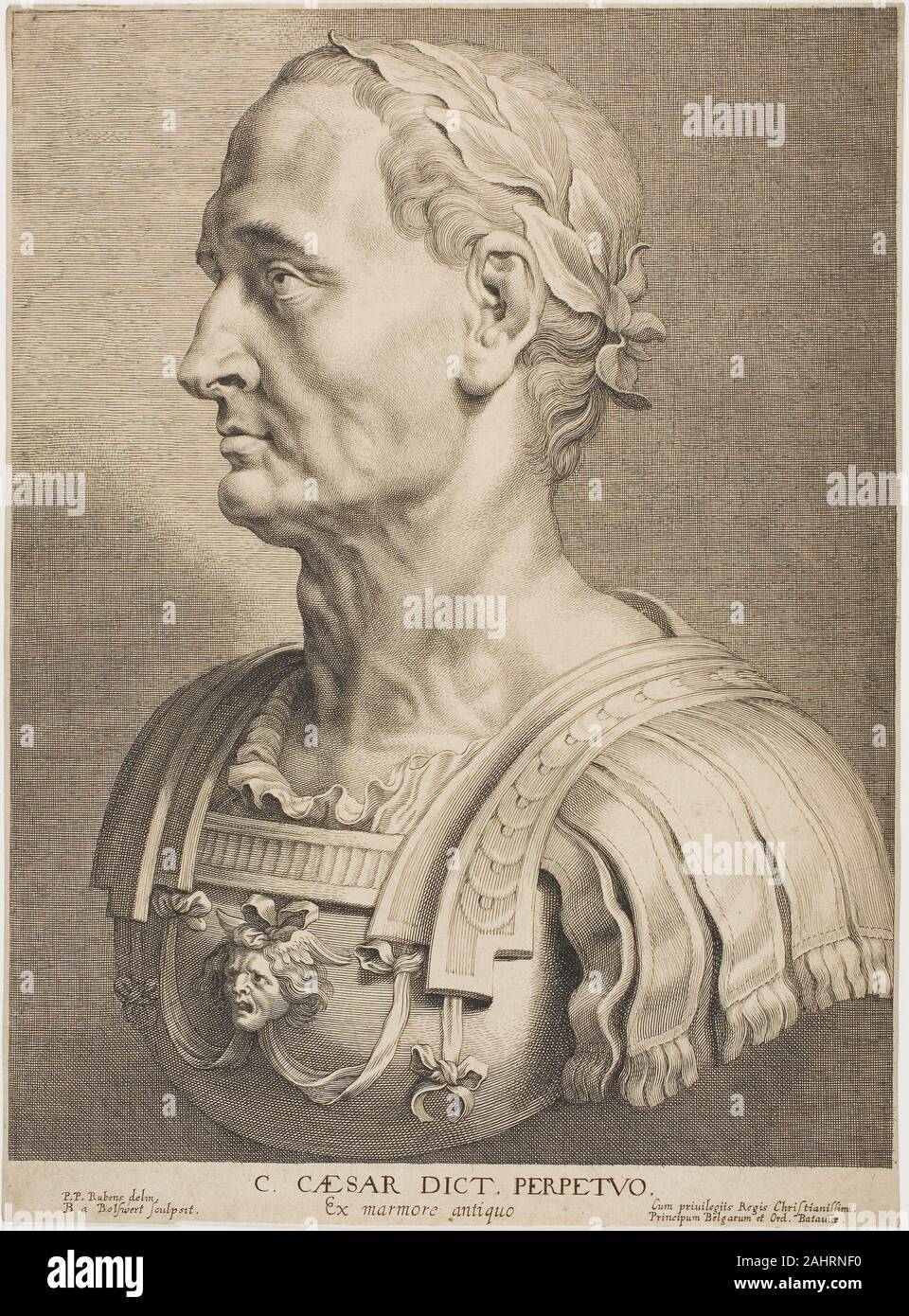 Boëtius Adamsz. Bolswert. Julius Caesar, Perpetual Dictator, from Twelve Famous Greek and Roman Men. 1629–1635. Flanders. Engraving on buff laid paper Peter Paul Rubens’s series of important Greek and Romans reflected the antiquarian culture in which he participated as a collector, as a scholar, and as an interpreter of Classical forms. Rubens’s drawing for this engraving may in fact copy an antique sculpture bust he personally owned. Julius Caesar was one of a dozen figures he selected for the series, along with other Romans such as Caesar’s assassin, Brutus, and the emperor Nero. Despite his Stock Photo