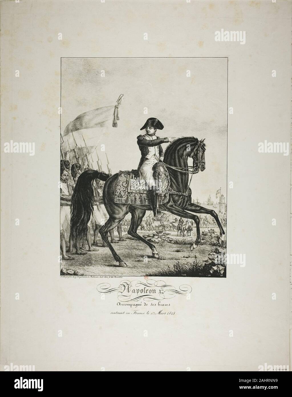 baron François Pascal Simon Gérard. Napoleon Accompanied by his Good Men, Returning to France on March 1, 1815. 1815. France. Lithograph in black, with a second tint stone in gray, on ivory wove paper Stock Photo