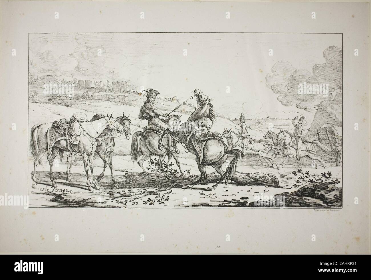 Carle Vernet. Mounted Artilleryman with Three Horses Bridled at Once. 1817. France. Lithograph in black on ivory wove paper Stock Photo