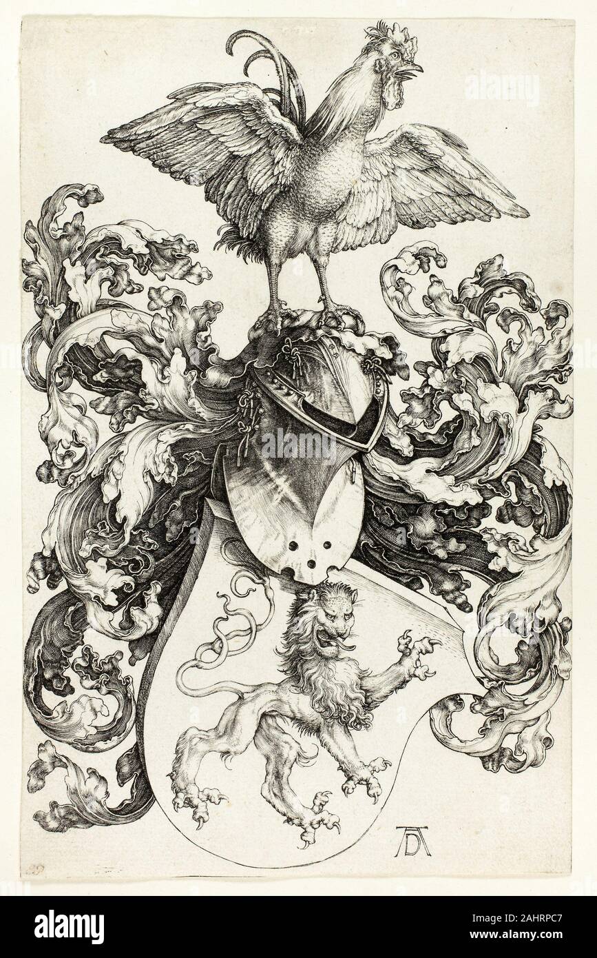 Albrecht Dürer. Coat of Arms with Lion and Rooster. 1498–1508. Germany. Engraving in black on ivory laid paper Albrecht Dürer’s imaginary coat of arms is one of the Art Institute’s finest impressions, with a great delicacy of line and range of tonal values and textures. Though he produced a number of literal portraits as well as abstract family crests, Dürer’s over-the-top treatment of the flowing drapery, and the seemingly living symbols—crowing rooster, and lion rampant— on the crest and shield suggest the artist enjoyed taking a stale iconographic convention to its extremes. Stock Photo