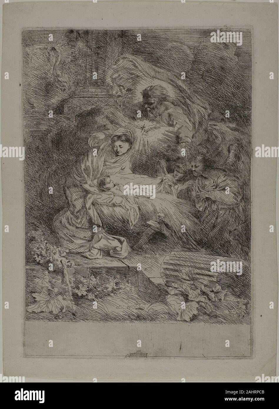 Giovanni Benedetto Castiglione. The Nativity with God the Father and Angels. 1645–1649. Italy. Etching on ivory laid paper A prolific painter, etcher, and draftsman, Giovanni Benedetto Castiglione produced several innovative renditions of the Nativity. The epic horizontal sweep of this etching emphasizes the cosmic power of Christ’s heavenly father (it entirely omits Joseph, Christ’s earthly stepfather). Stock Photo