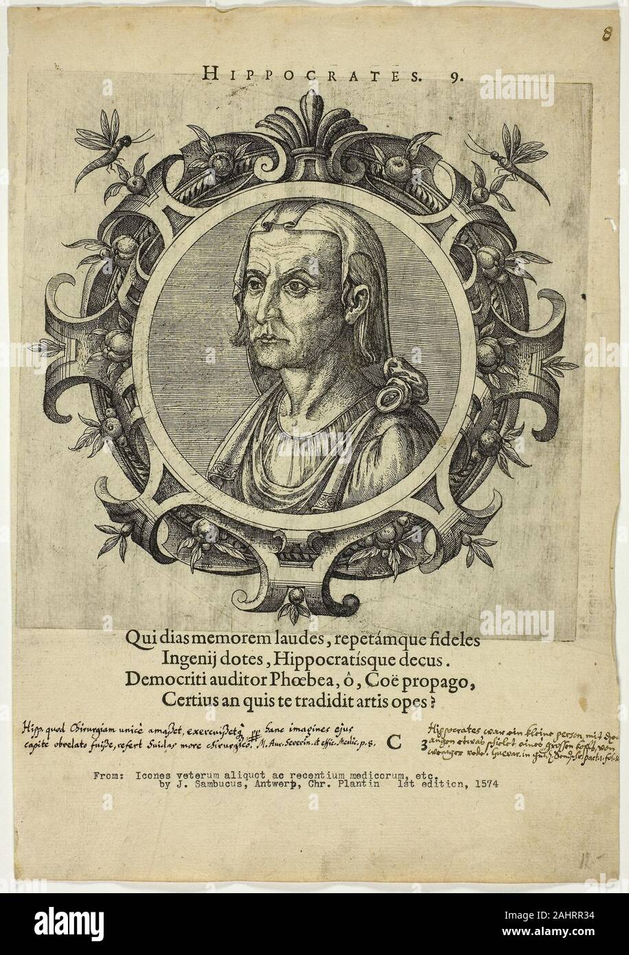 Johannes Sambucus (Author). Portrait of Hippocrates. 1574. Flanders. Etching, with engraving, on cream laid paper Stock Photo
