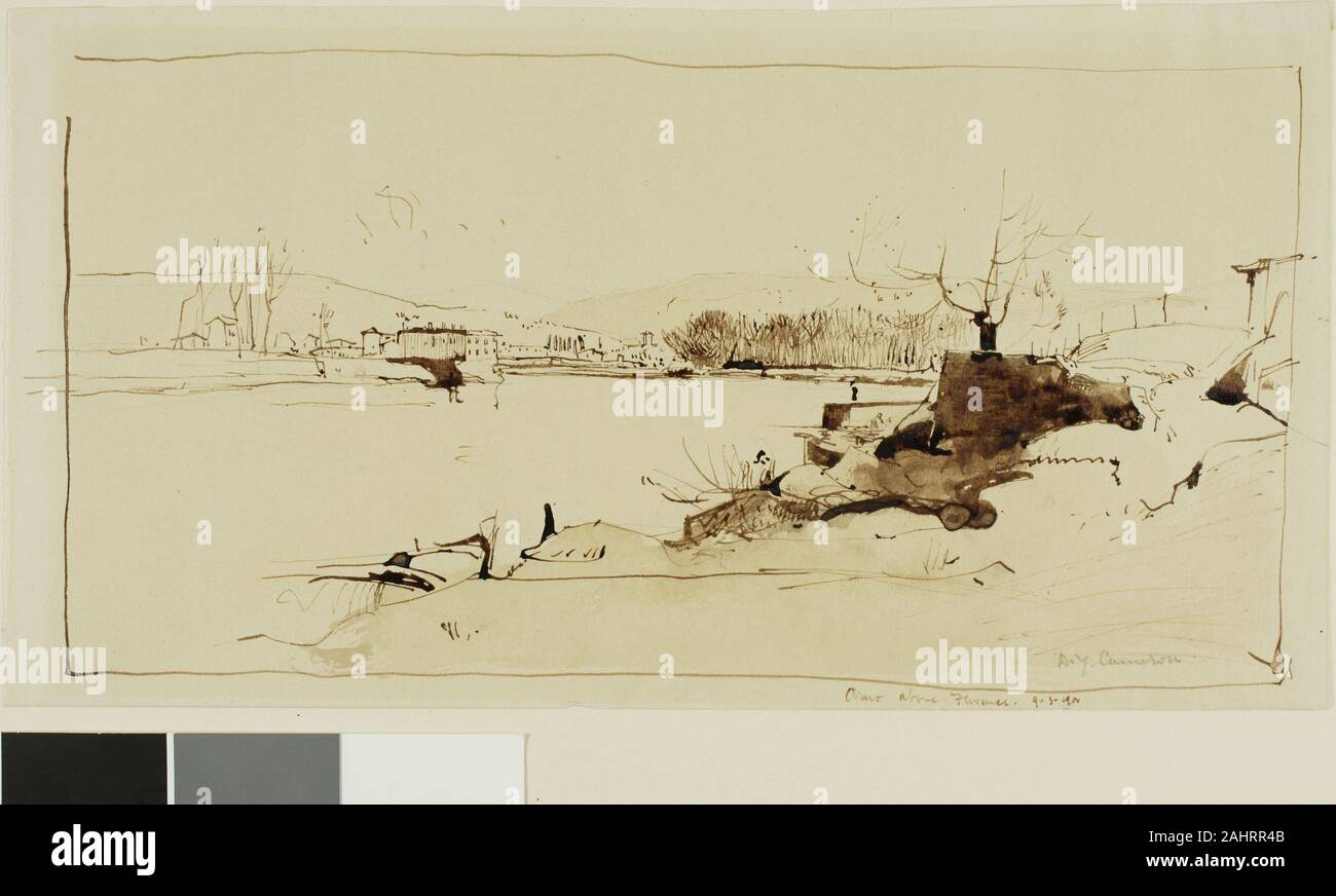 David Young Cameron. Arno above Florence. 1900. Scotland. Pen and brown ink, with brush and brown wash, over traces of graphite, on cream wove paper Stock Photo
