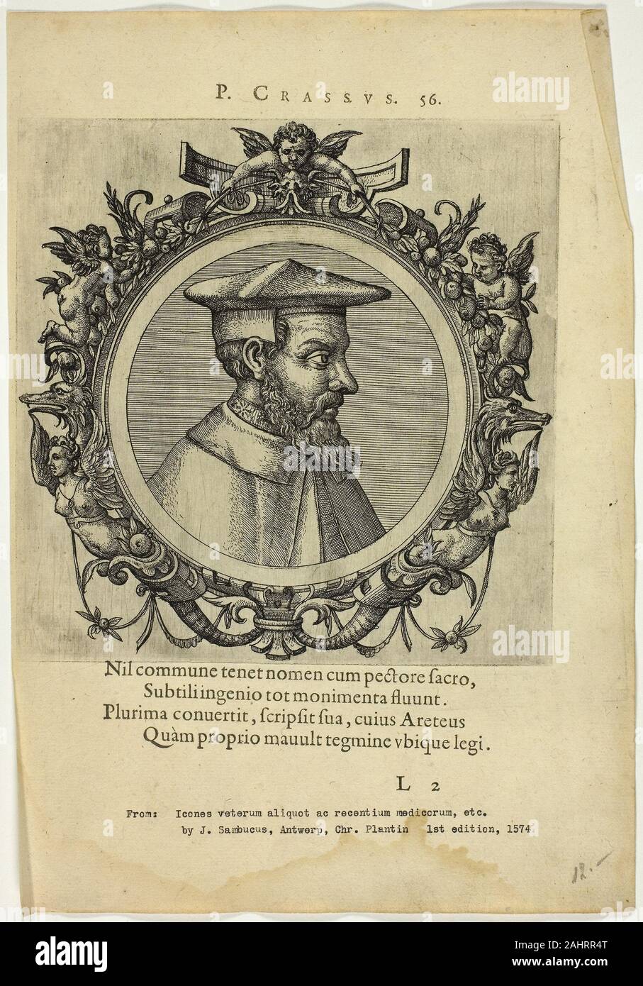 Johannes Sambucus (Author). Portrait of P. Crassus. 1574. Flanders. Etching, with engraving, on cream laid paper Stock Photo