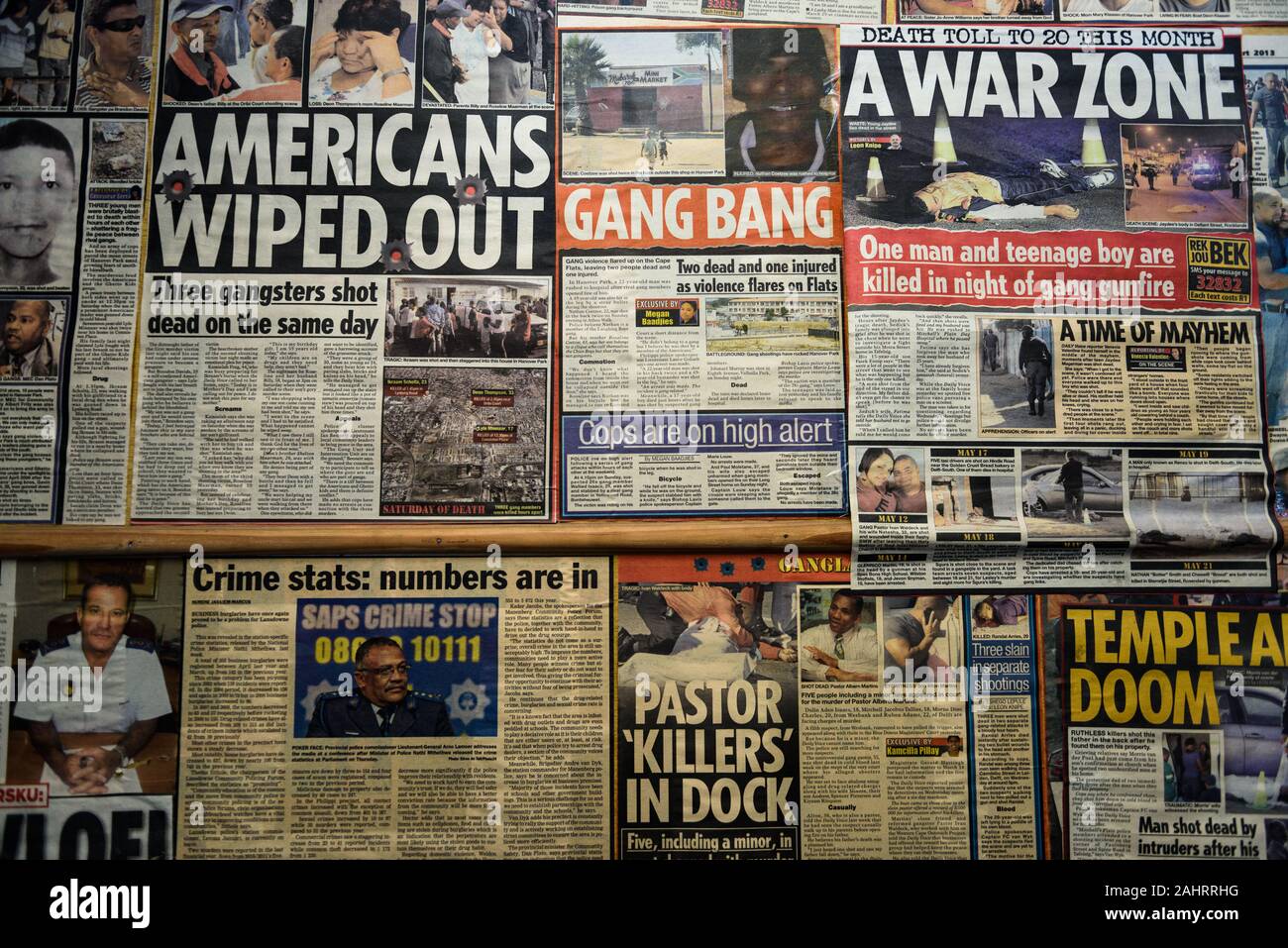 A media montage at NGO Ceasefire offices that uses former gangsters to combat high levels of gang violence in Cape Town's Hanover Park, South Africa Stock Photo