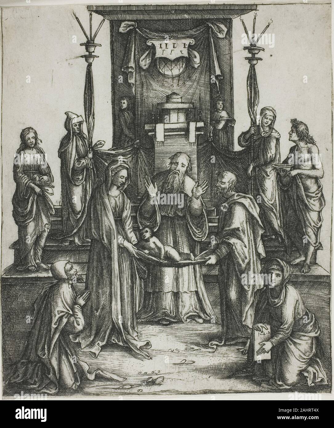 Lorenzo di Ottavio Costa. Presentation of Christ. 1497–1507. Italy. Engraving in black on ivory laid paper Born in Ferrara, Costa studied there with Cosimo Tura before moving to Bologna in the early 1480s. He traveled throughout Italy, ultimately settling in Mantua as court artist to the powerful Gonzaga family. This rich engraving of the biblical account of Christ’s introduction to the teachers at the temple in Jerusalem is after a 1502 painting by Costa for the church of Santa Maria della Vita in Bologna. It is unclear whether this work was engraved by the artist himself or was copied by an Stock Photo