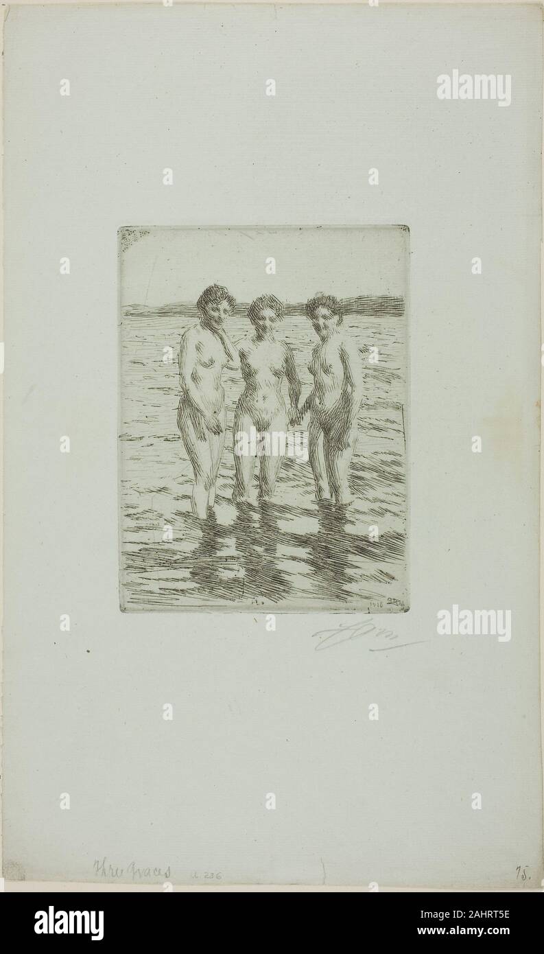 Anders Zorn. The Three Graces. 1910. Sweden. Etching on light blue laid paper Stock Photo