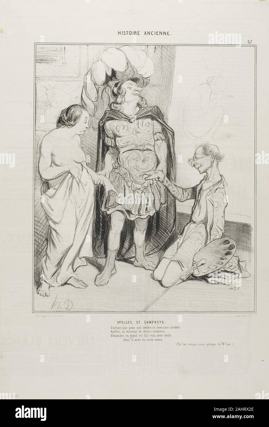 Honoré-Victorin Daumier. Apelles and Campaste. Aware that Apelles was wasting away with love Alexander gave him Campeste and above the first art deal ever now was struck girlfriend against sculpture, oh what luck! (From Art and the Antique, a poetic essay by M. Cavé), plate 36(37) from Histoire Ancienne. 1842. France. Lithograph in black, with scraping on stone on cream wove paper, with text added in another hand and letterpress verso Here Daumier humorously described the love triangle between Alexander the Great, his mistress Campaspe, and the painter Apelles. On Alexander’s request, Apelles Stock Photo