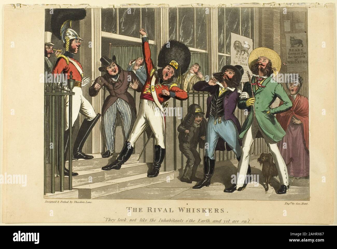 Theodore Lane. The Rival Whiskers. 1820–1828. England. Etching and aquatint, with hand-coloring, on paper Stock Photo