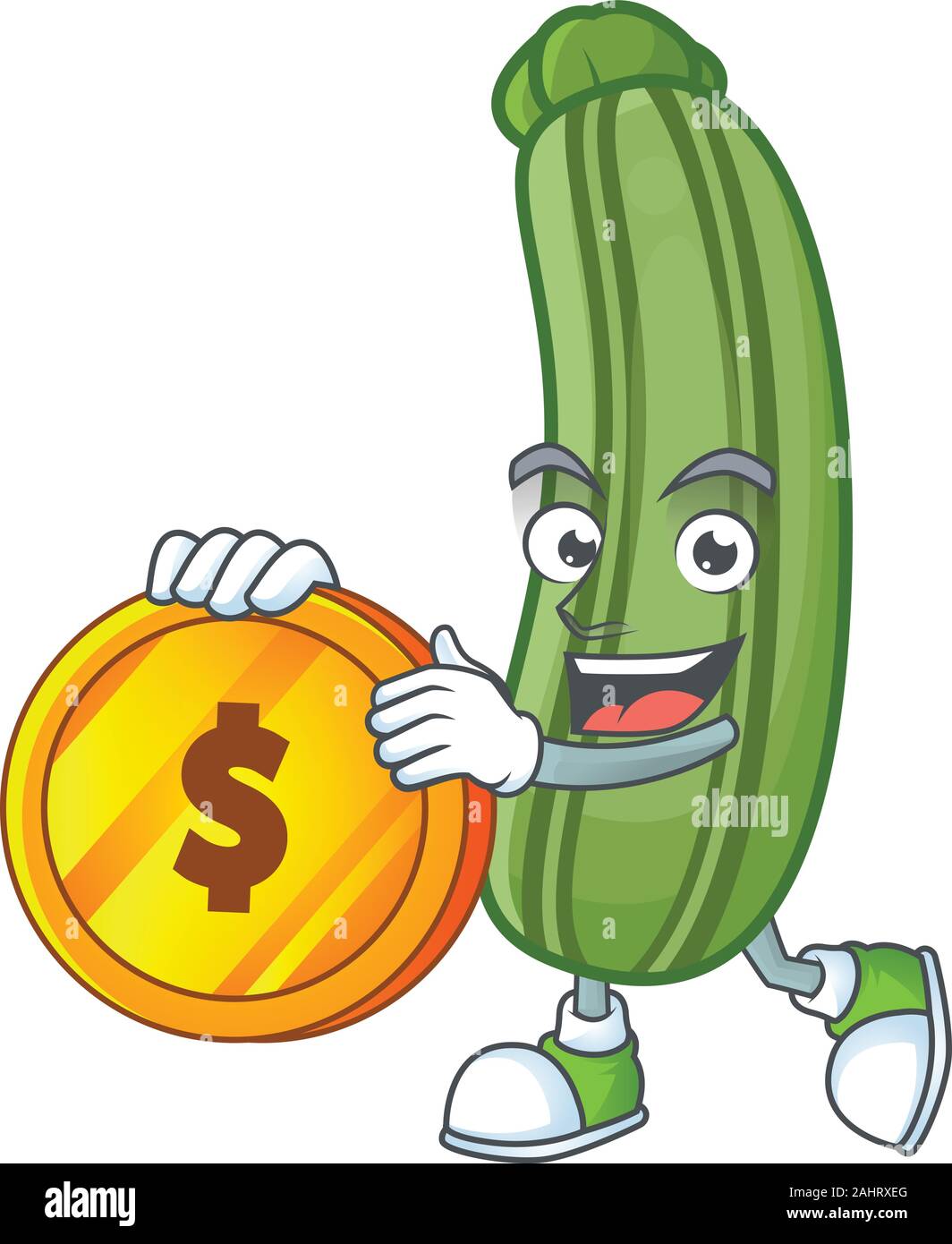 happy face zucchini cartoon character with gold coin Stock Vector Image &  Art - Alamy