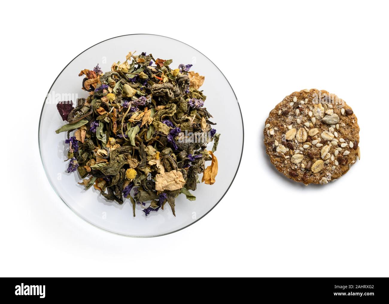 Green tea with natural aromatic additives. Top view on white background ...