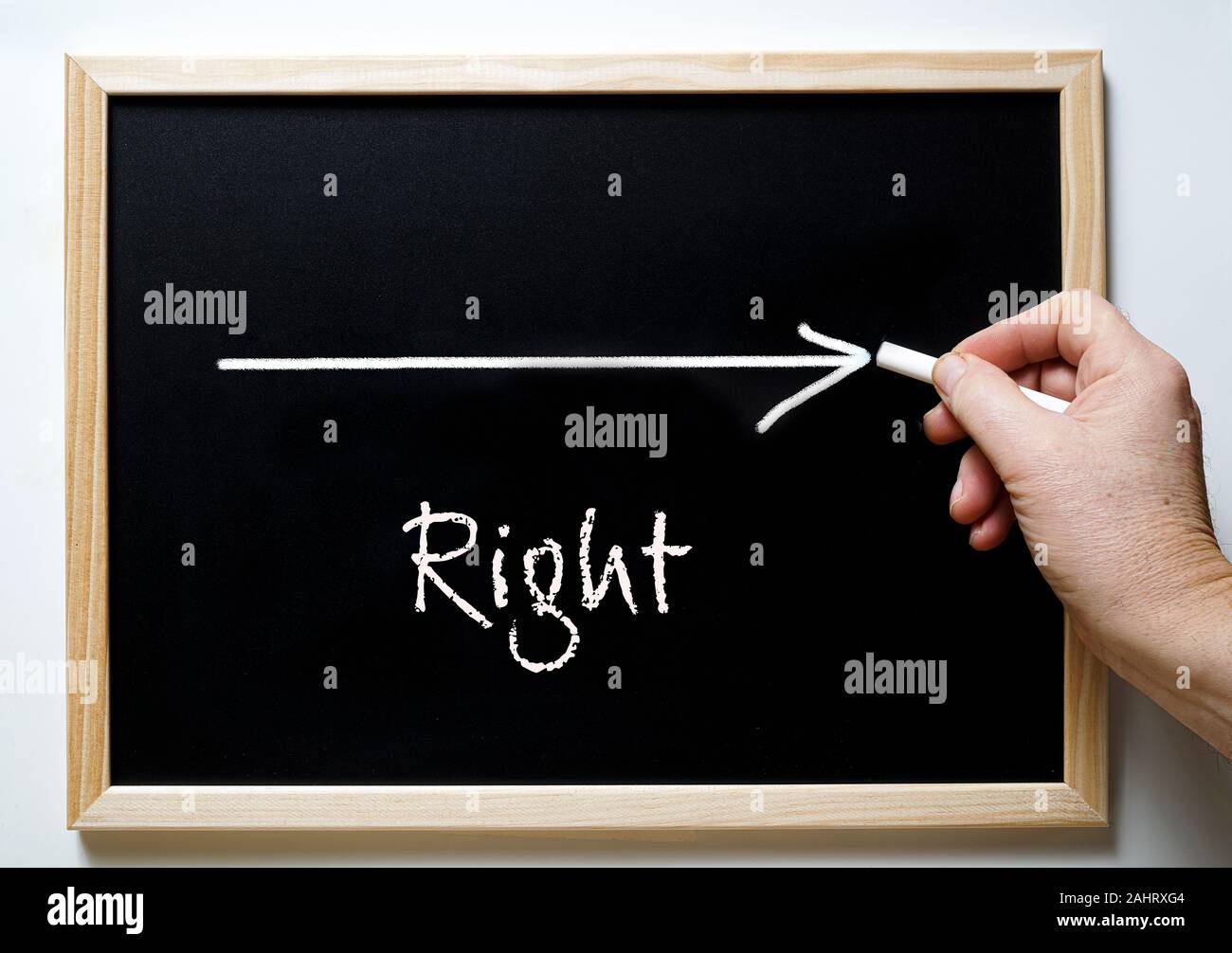 blackboard with writing right and an arrow indicating the right Stock Photo
