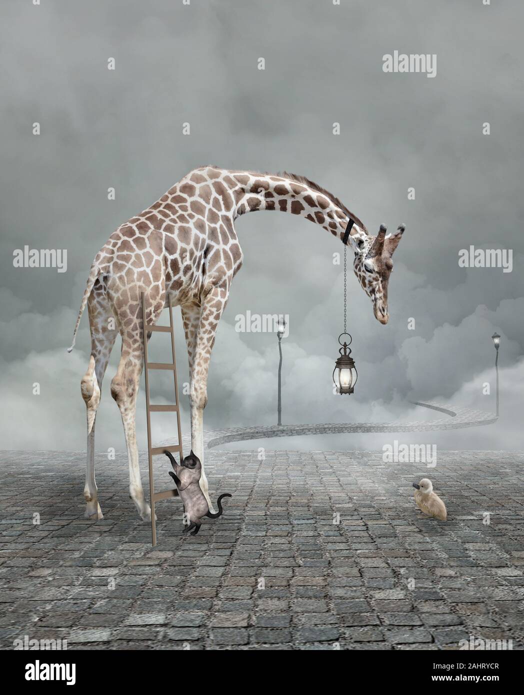 Find a friend – Surreal conceptual illustration of a giraffe meeting a baby chicken Stock Photo